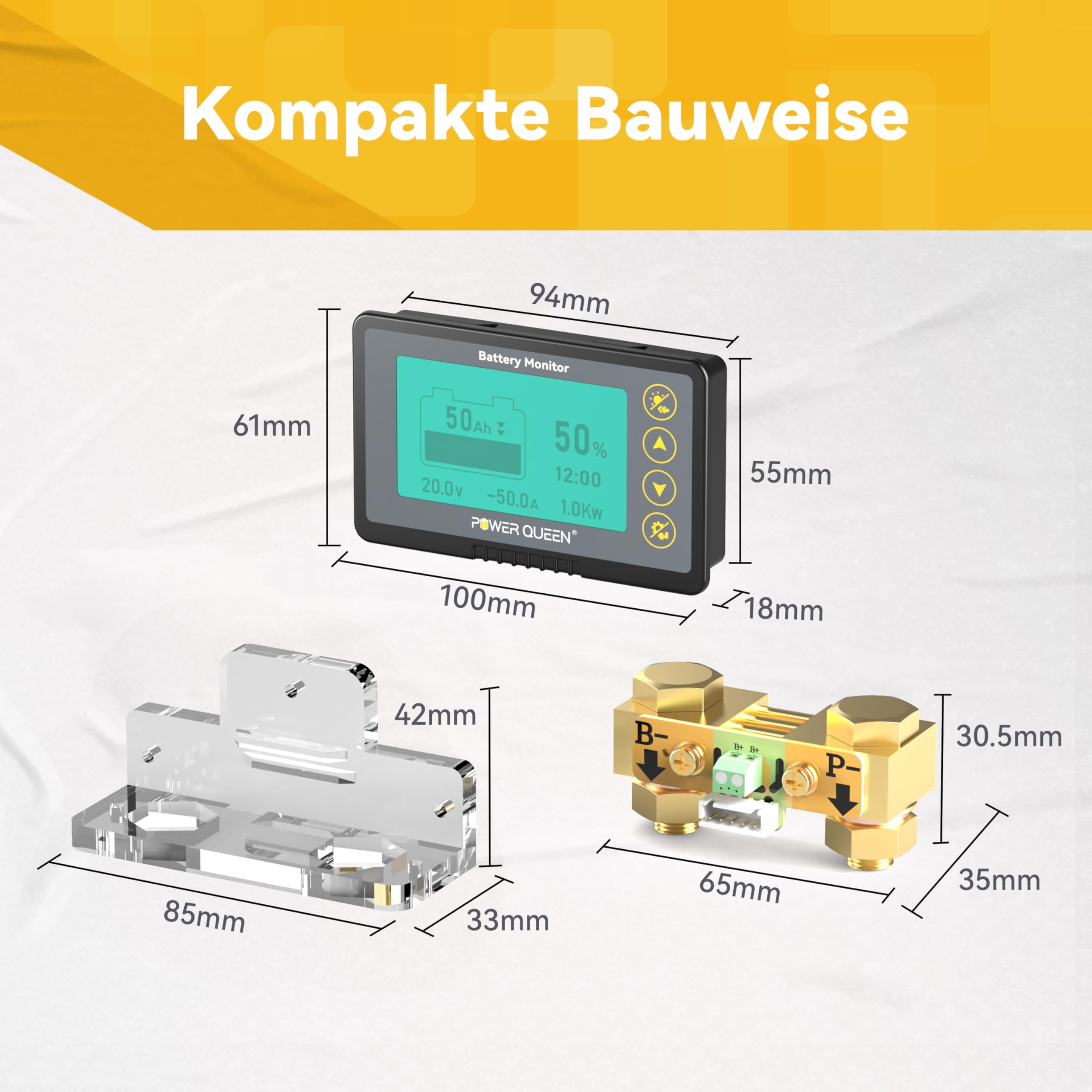 Power Queen 500A Batteriemonitor mit Shunt Programmierbarer Alarm 8V-120V Spannungsbereich LCD Anzeige 20ft Geschirmter Draht Kompatibel mit 12V Lithium, LiFePO4, Gel, überfluteten Batterien