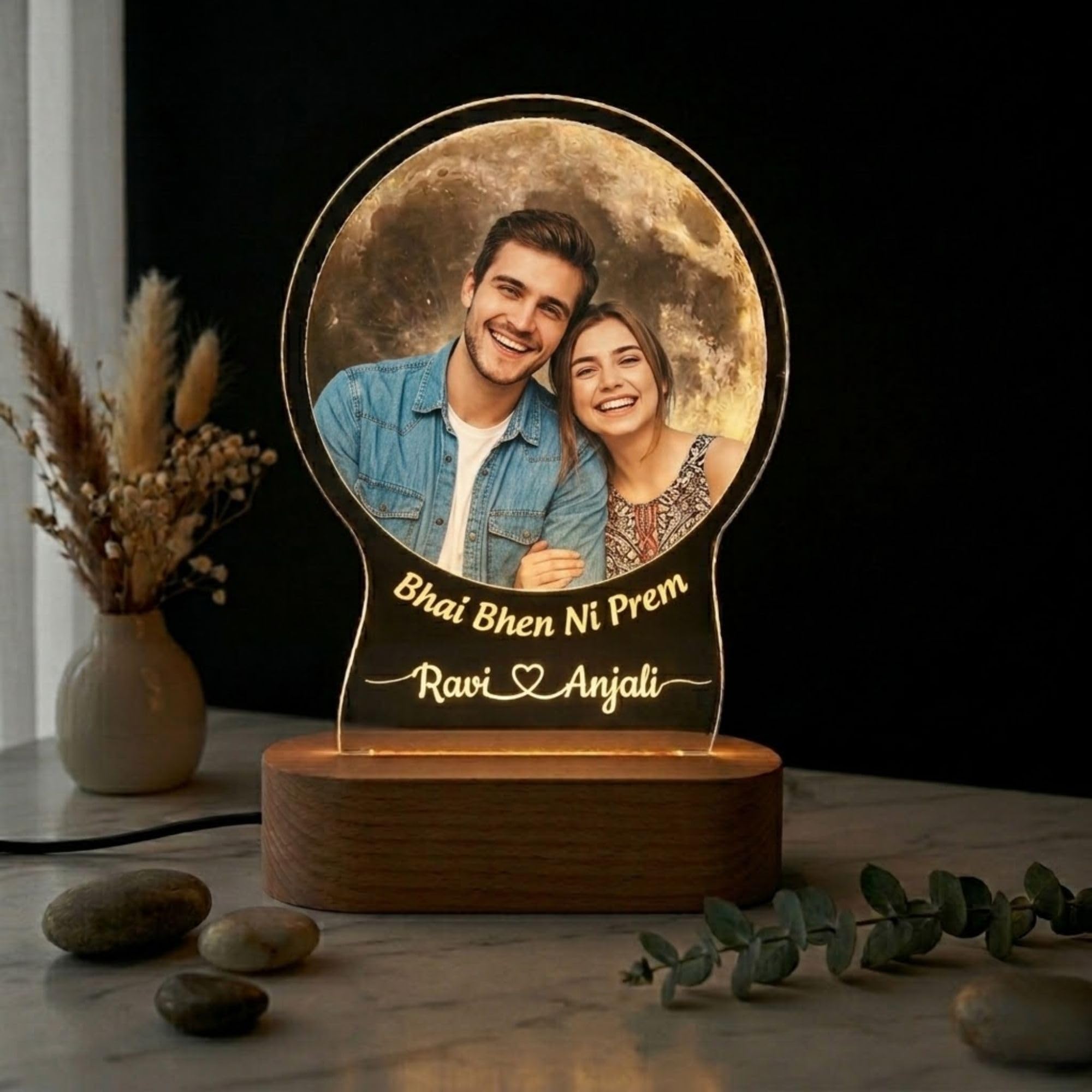 Personalized Raksha Bandhan LED Photo Lamp for Brother & Sister | Custom Photo Acrylic 3D Illusion Night Light with Wooden Base | Customized Name & Message Engraving (Design 8)-image-14