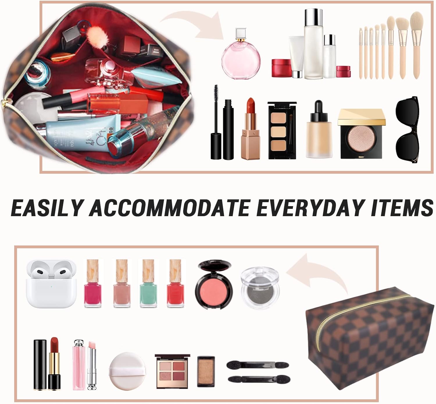 Checkered Makeup Bag, 2 Pcs Portable Leather Cosmetic Bag, Travel Toiletry Bag for Women, PERFECT for Christmas, Birthdays, Valentine’s Day - Image 4