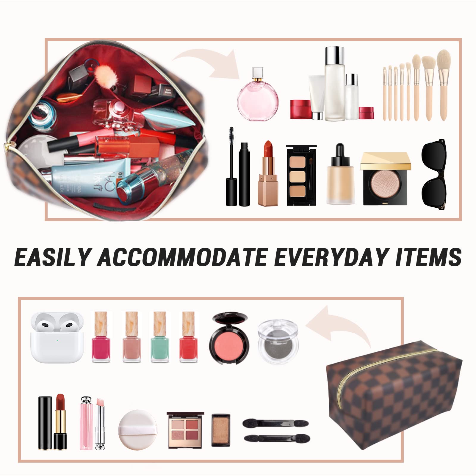 Checkered PU Leather Makeup Bag Set, 2-Piece Travel Cosmetic Organizer