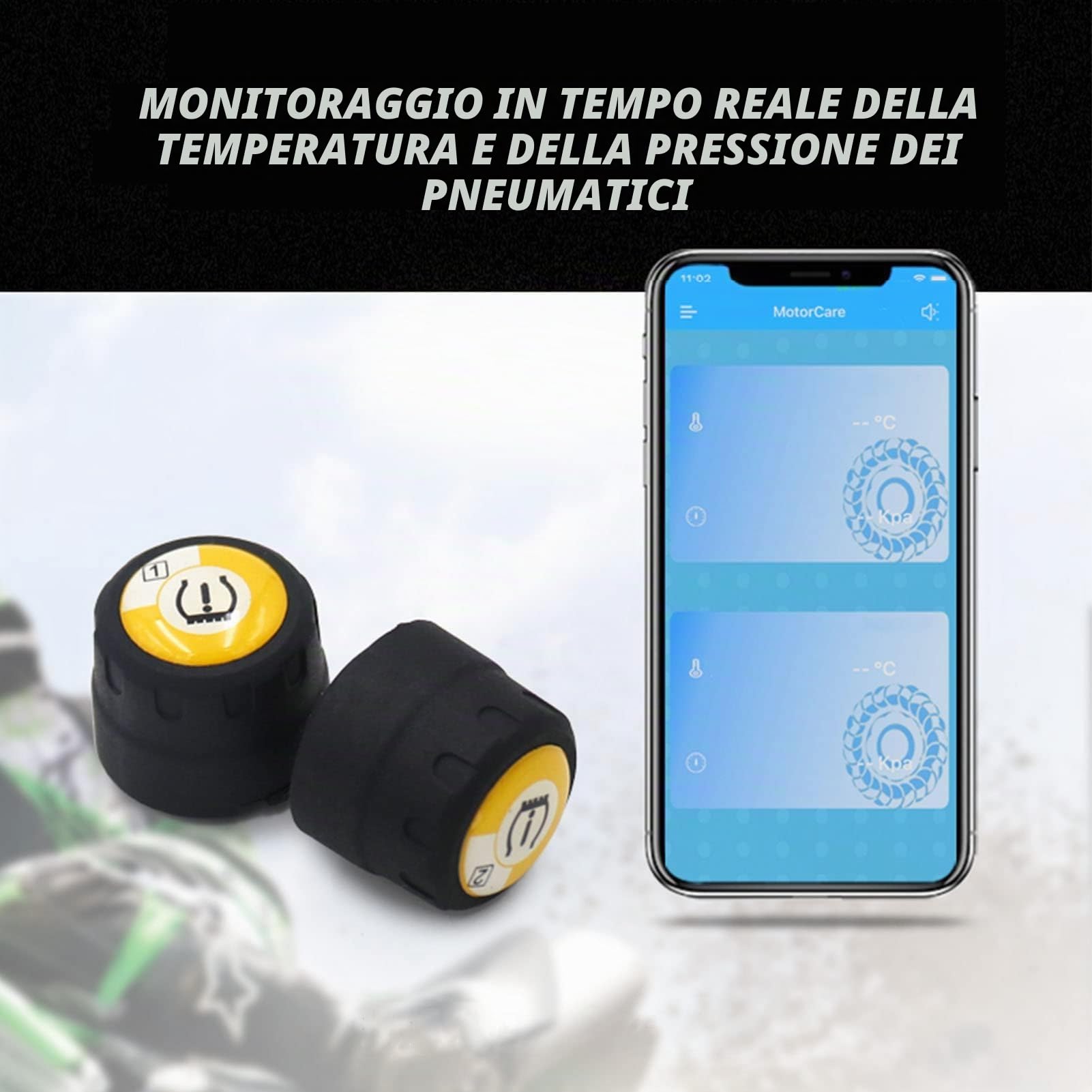 Sensore di Pressione dei Pneumatici, Bluetooth TPMS 2 Sensore Esterno di Monitoraggio della Pressione dei Pneumatici Allarme di Temperatura della Pressione in Tempo Reale per Moto