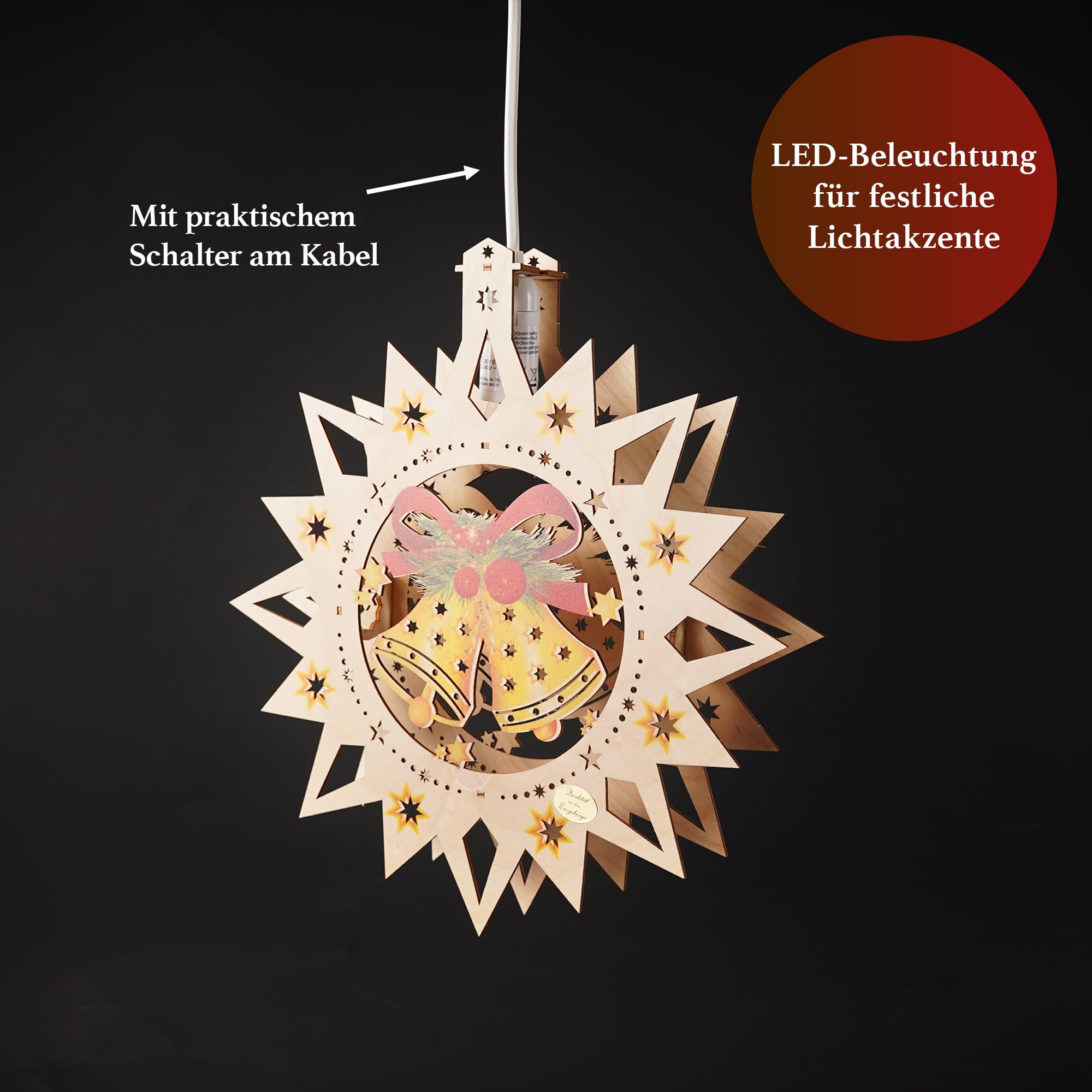 Saico - LED Fensterlicht „Glocke“ - Fensterdeko für Weihnachten, mit LED Beleuchtung aus Holz - Weihnachtsdeko mit Glockenmotiv, Fensterbeleuchtung & Geschenkidee, Dekoration Winter - Made in Germany