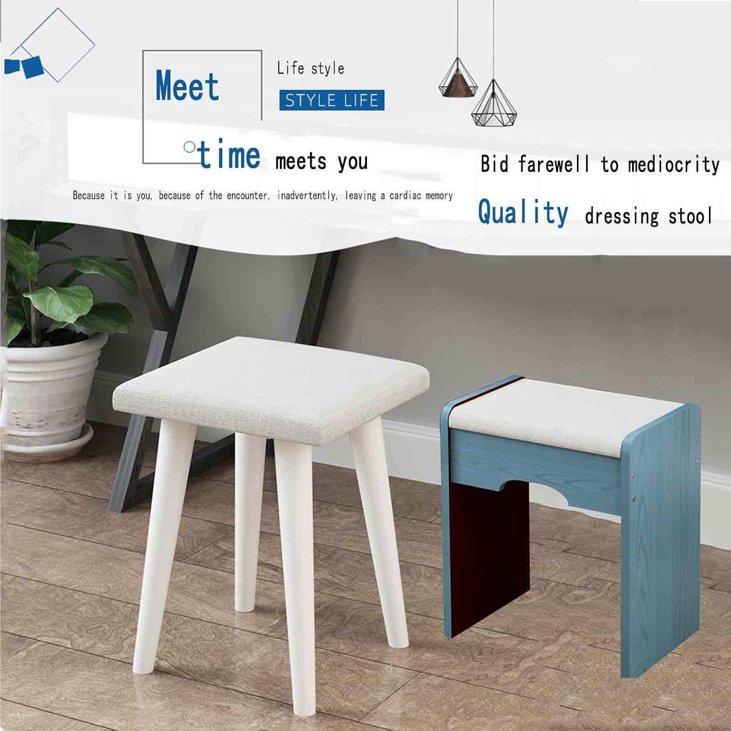 Dressing Stool,Cotton and Linen Material,Solid Wood Legs,Simple Home Chair, Bedroom Dressing Table Small Stool, Makeup Stool,Bearing 100kg
