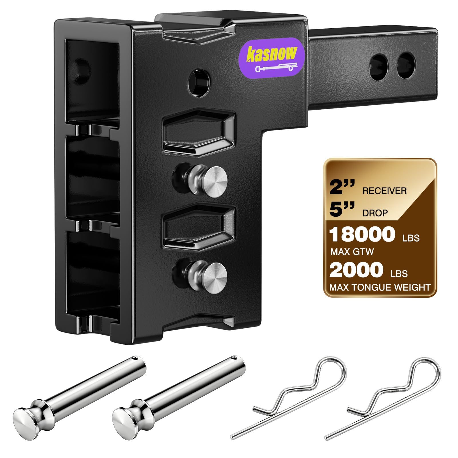Adjustable Trailer Hitch Shank for 2" Receiver(18,000LBS GTW), Heavy Duty Tow Hitch with 5" Drop/Rise with Locking Hitch Pins, Drop Hitch for Trucks, Pickups, RV, Towing