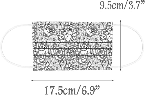 Miniatura 9 de Paquete de 50 mascarillas desechables con patrón de encaje con filtro facial de 3 capas con cinta elástica para las orejas, transpirables con patrón