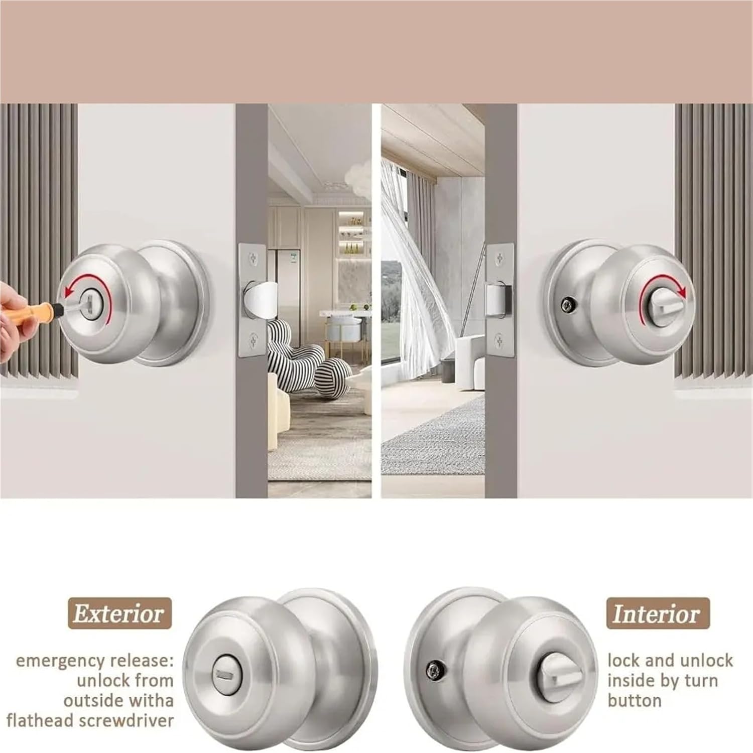 Satin Nickel Privacy Door Knob Set, Keyless Interior and Exterior Lock with Modern Design