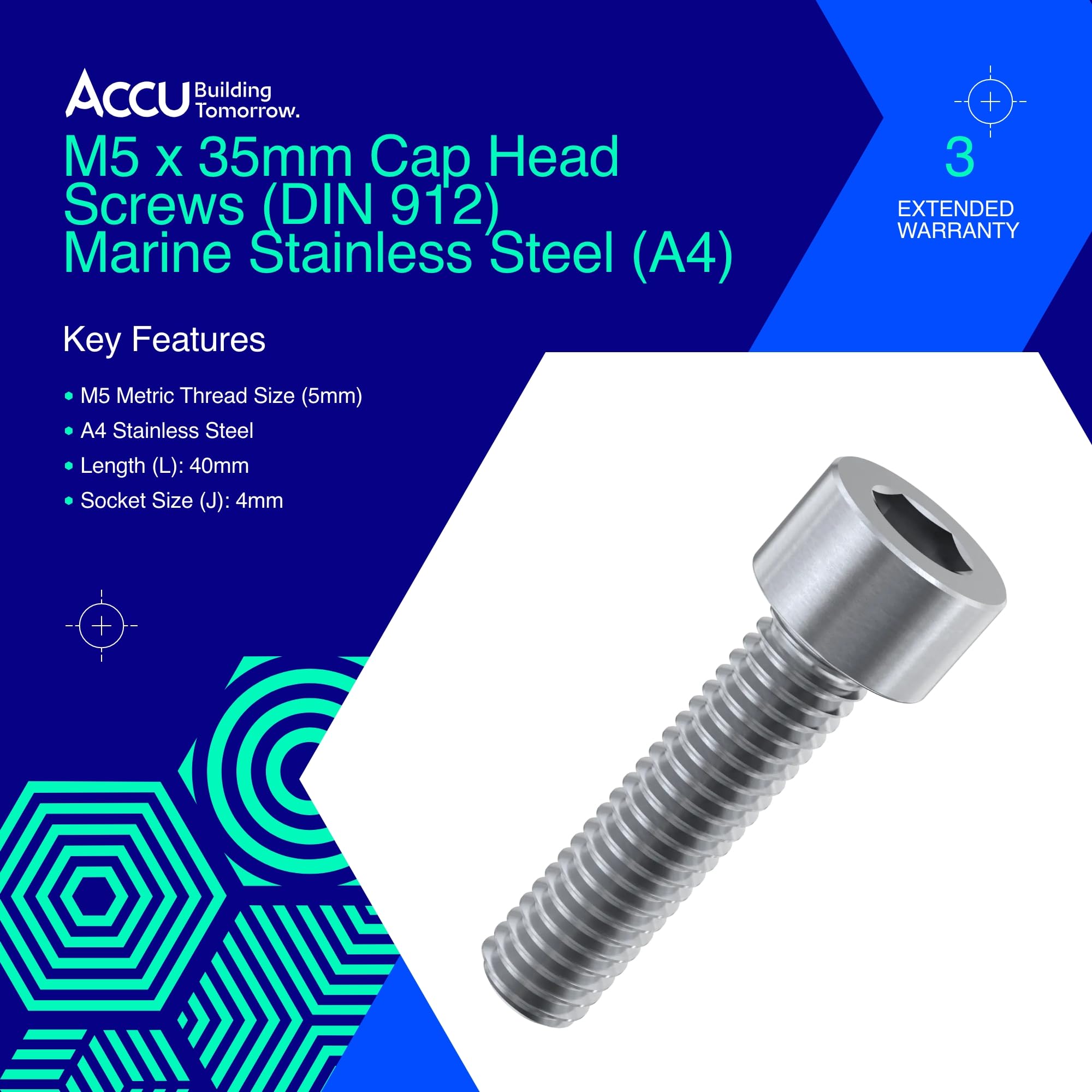 Accu - M5 x 35mm Cap Head Screws (DIN 912) - Marine Stainless Steel (A4) (Pack of 20) - Image 2