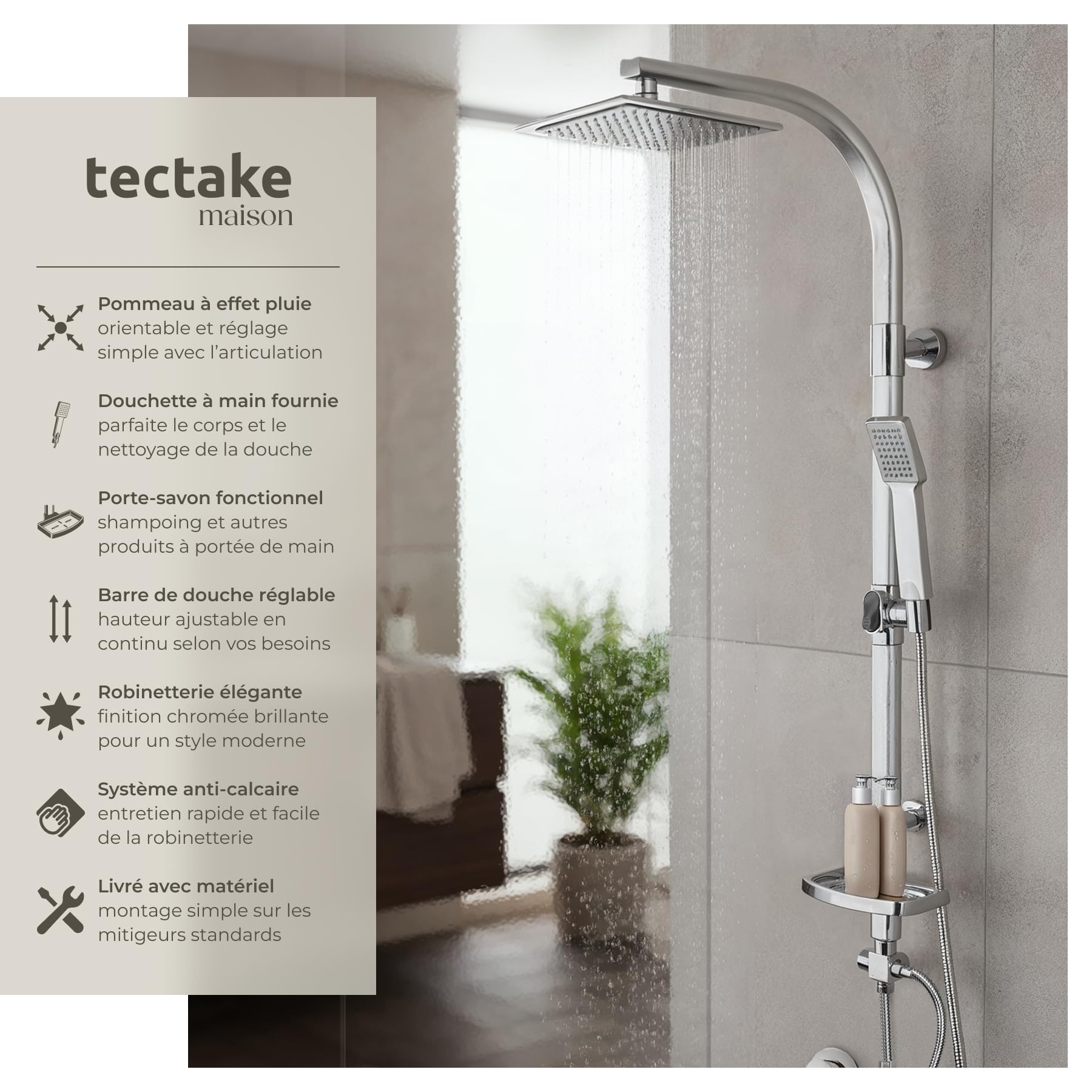 tectake® Colonne de douche 49 x 20 x 110 cm, Colonne salle de bain en Aluminium, Tete de douche et Douchette, Anti calcaire, Pommeau de douche, Effet pluie, Raccordements DIN, Baignoire, Salle de bain
