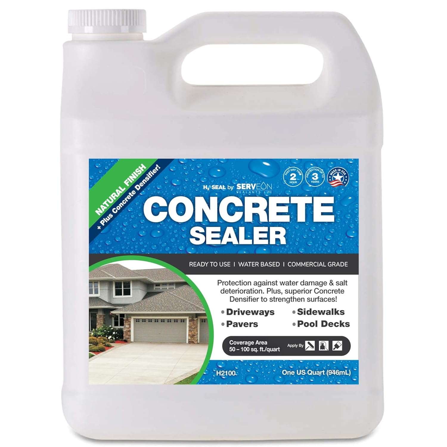 Serveon Sealants H2100 Concrete Driveway Sealer + Penetrating Densifier - Clear Natural Finish, Waterproof for Pavers, Sidewalks, Pools (1 Quart)