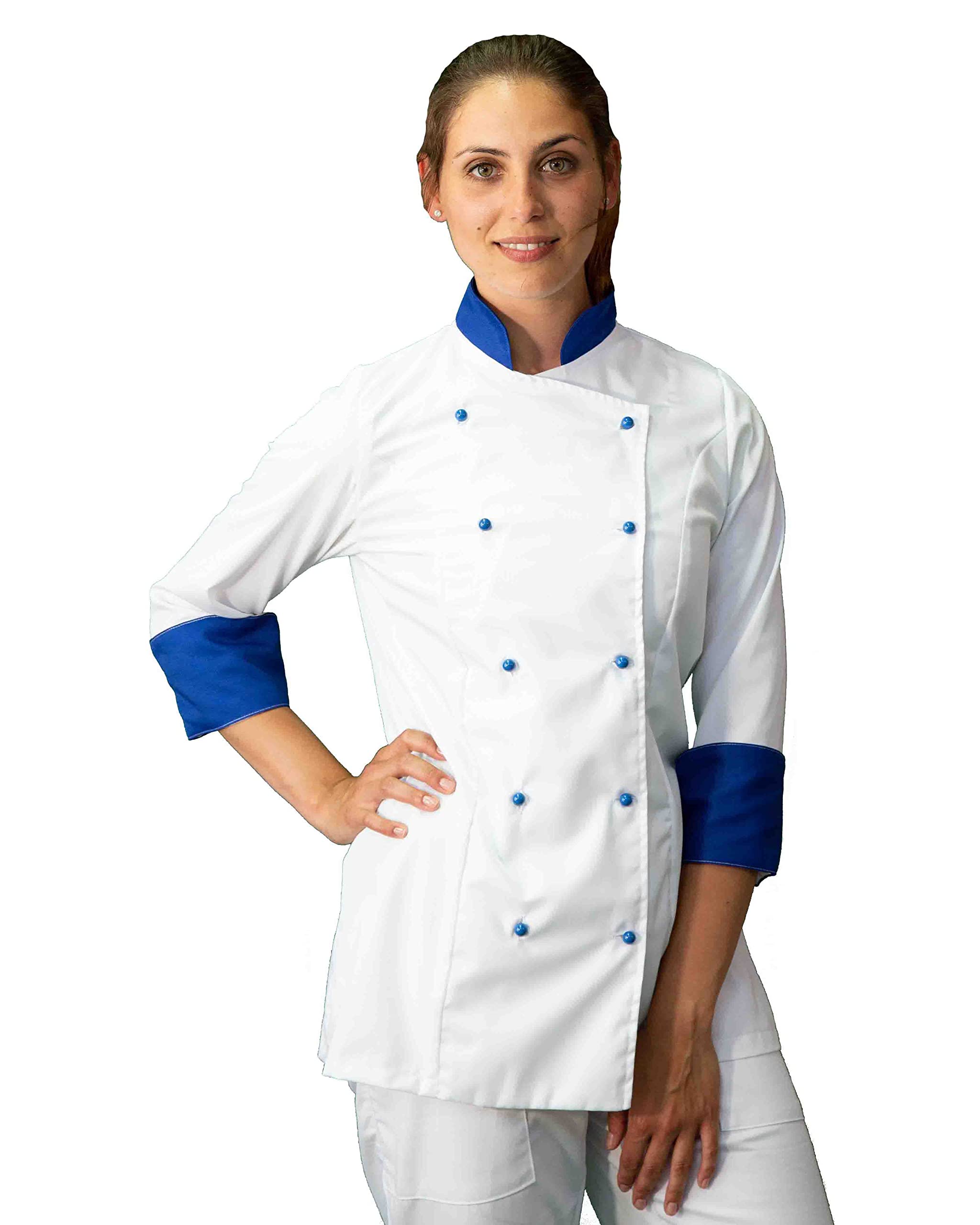 RICAMO GRATUITO - Divisa Cuoco Donna - Bianca e Royal - 3PZ - Giacca, Pantalone e Grembiule - Completo per Cucina e Ristorante - Made in Italy