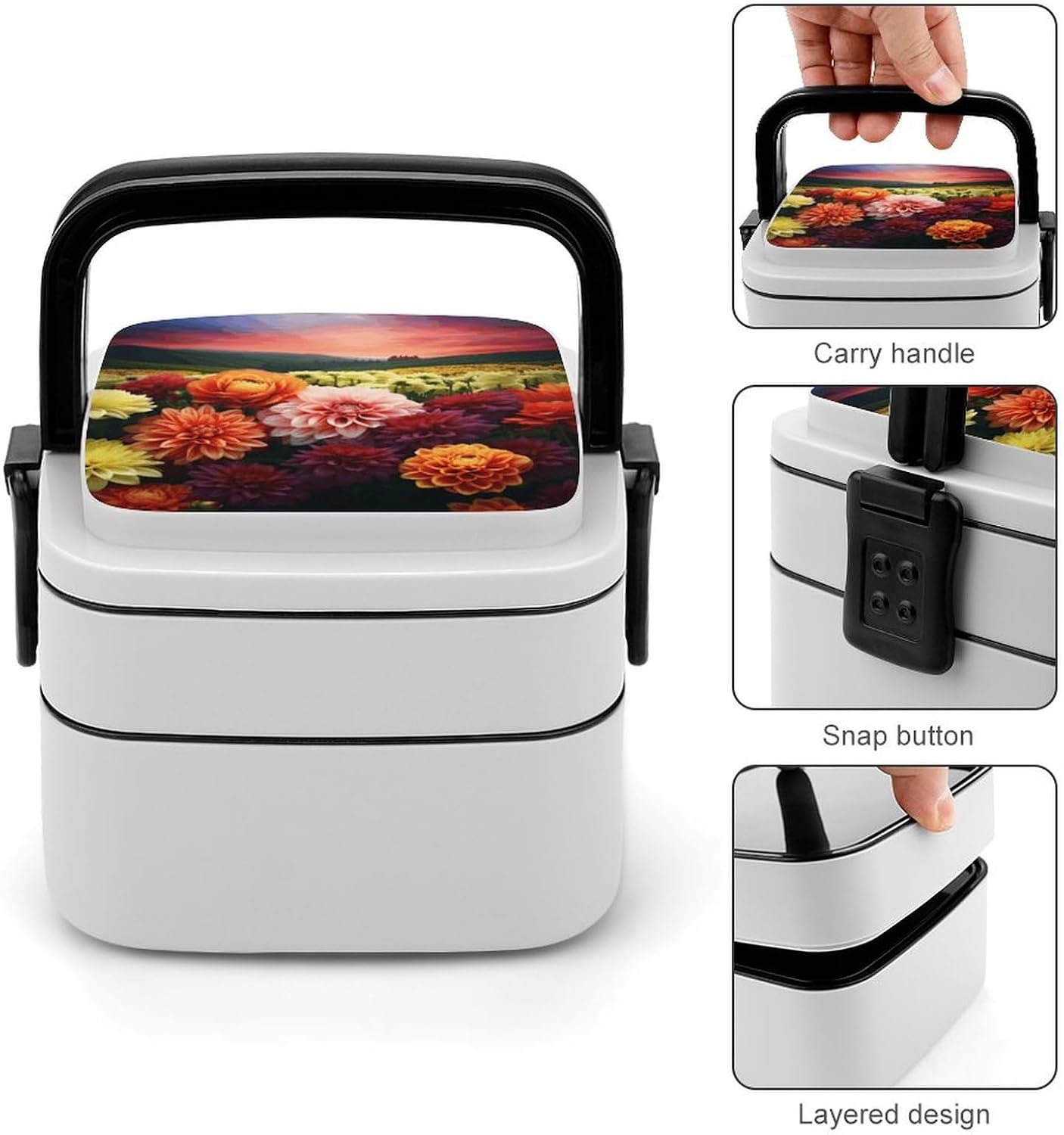 Beautiful Colorful Flowers Bento Box Adult Lunch Box Containers with Spoons Double Layered Lunch Containers Portable Lunch Boxes Food Container for Work Picnic Travel