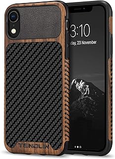 TENDLIN Compatible with iPhone XR Case Wood Grain with Carbon Fiber Texture Design Leather Hybrid Slim Case Compatible with iPhone XR (Carbon & Leather & Wood)