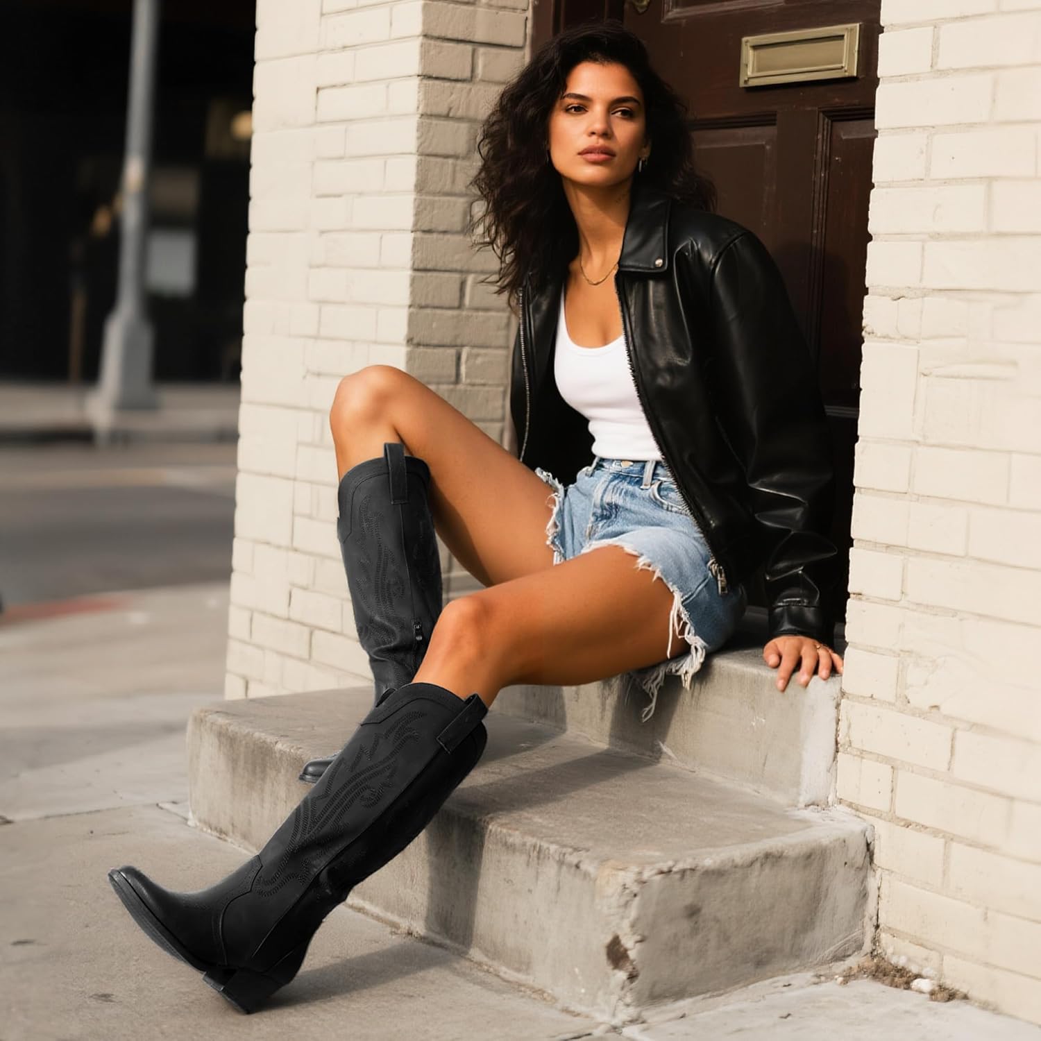 DREAM PAIRS Women's Embroidered Western Pull-On Knee-High Cowboy Boots - Image 4