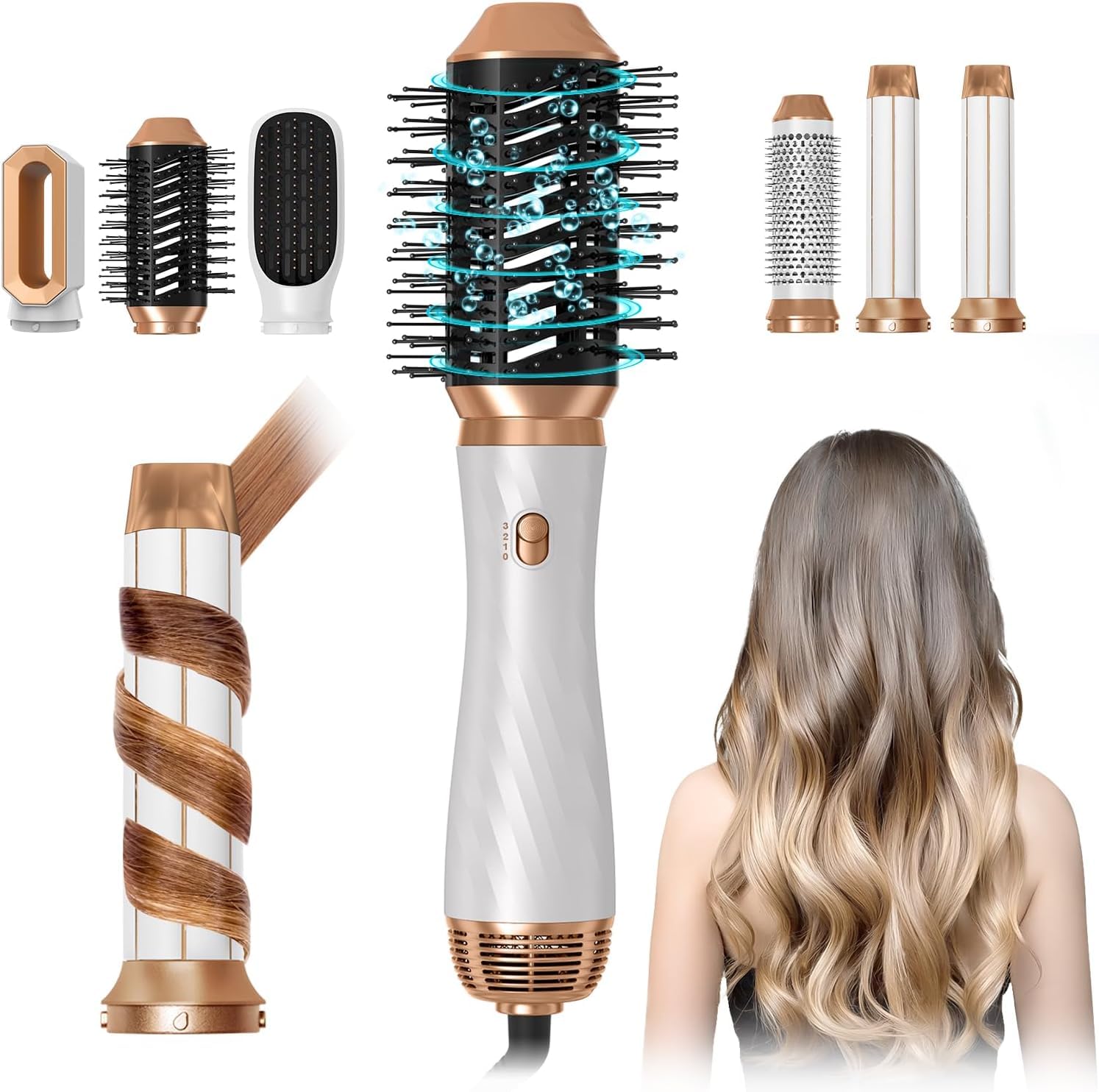 Hair Dryer Brush, 6 in 1 Detachable Blow Dryer Brush Curling Wand, Upgrade Negative Ionic Hair Styling Tool Set, Automatic Hair Curler Rotating Hot Air Brush, Hair Straightener Thermal Brush