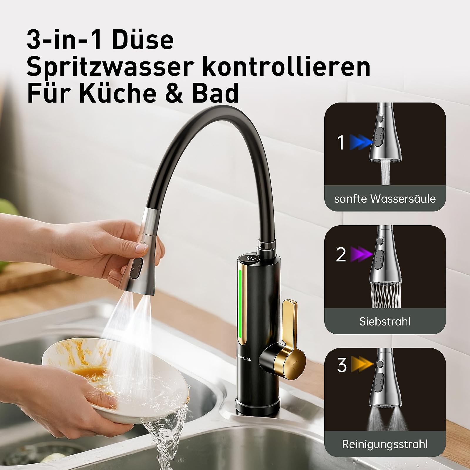Lovelink Wasserhahn mit Durchlauferhitzer Farbadaptiv LED Temperaturanzeige 360° Flexibler Schlauch Elektrischer Durchlauferhitzer Wasserhahn für Küche/Bad/Balkon (Schwarz)