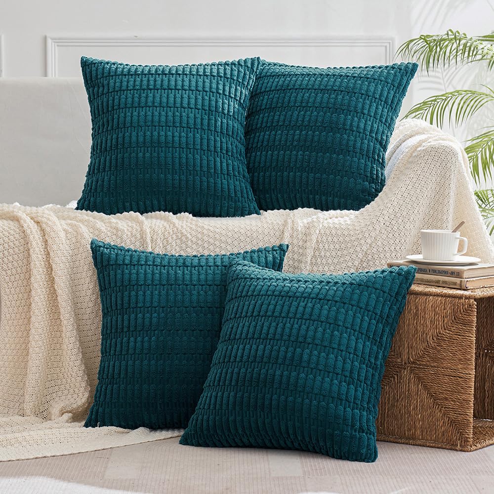 MIULEE Pack of 4 Corduroy Decorative Throw Pillow Covers 18x18 Inch Soft Boho Striped Pillow Covers Modern Farmhouse Home Decor for Sofa Living Room Couch Bed Teal