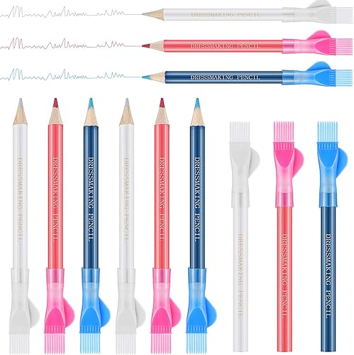 12 lápices de tela de costura, solubles en agua, lápiz de marca de sastre, lápiz de tela de modista con tapa de cepillo para sastre o marcador