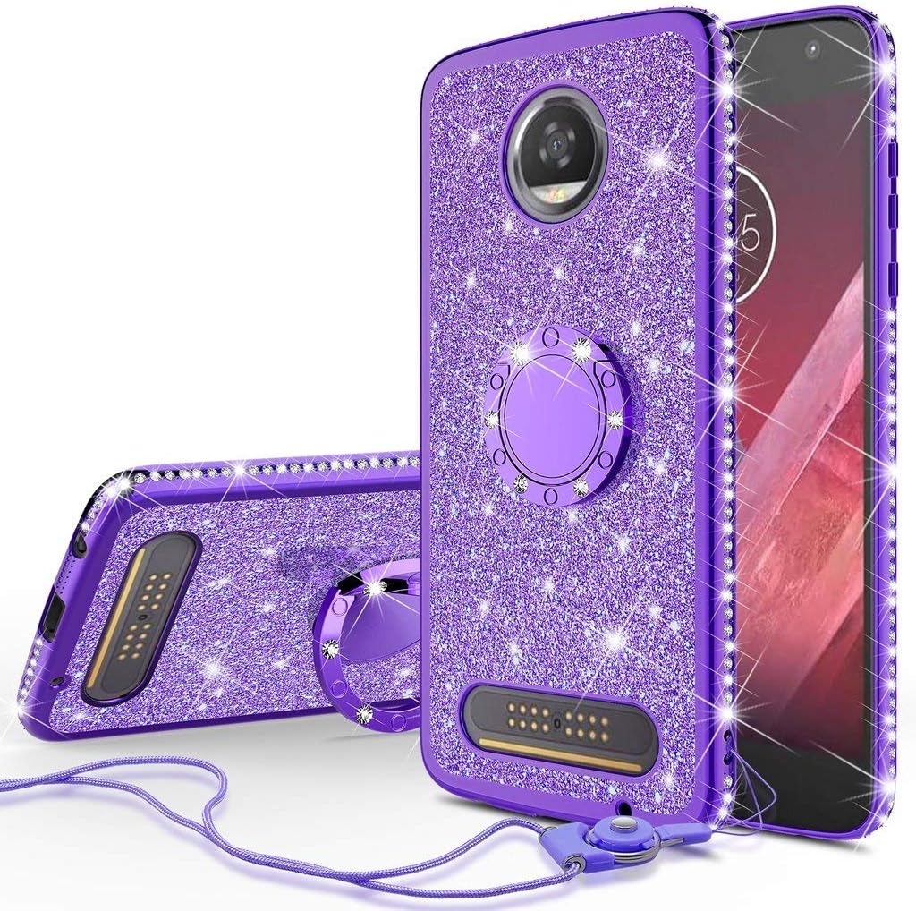 Moto Z2 Play Case/Moto Z2 Force Case, Glitter Cute Phone Case Ring Kickstand Bling Diamond Rhinestone Bumper Sparkly Clear Protective for Girls Women for Motorola Z2 Force/Z2 Play - Purple