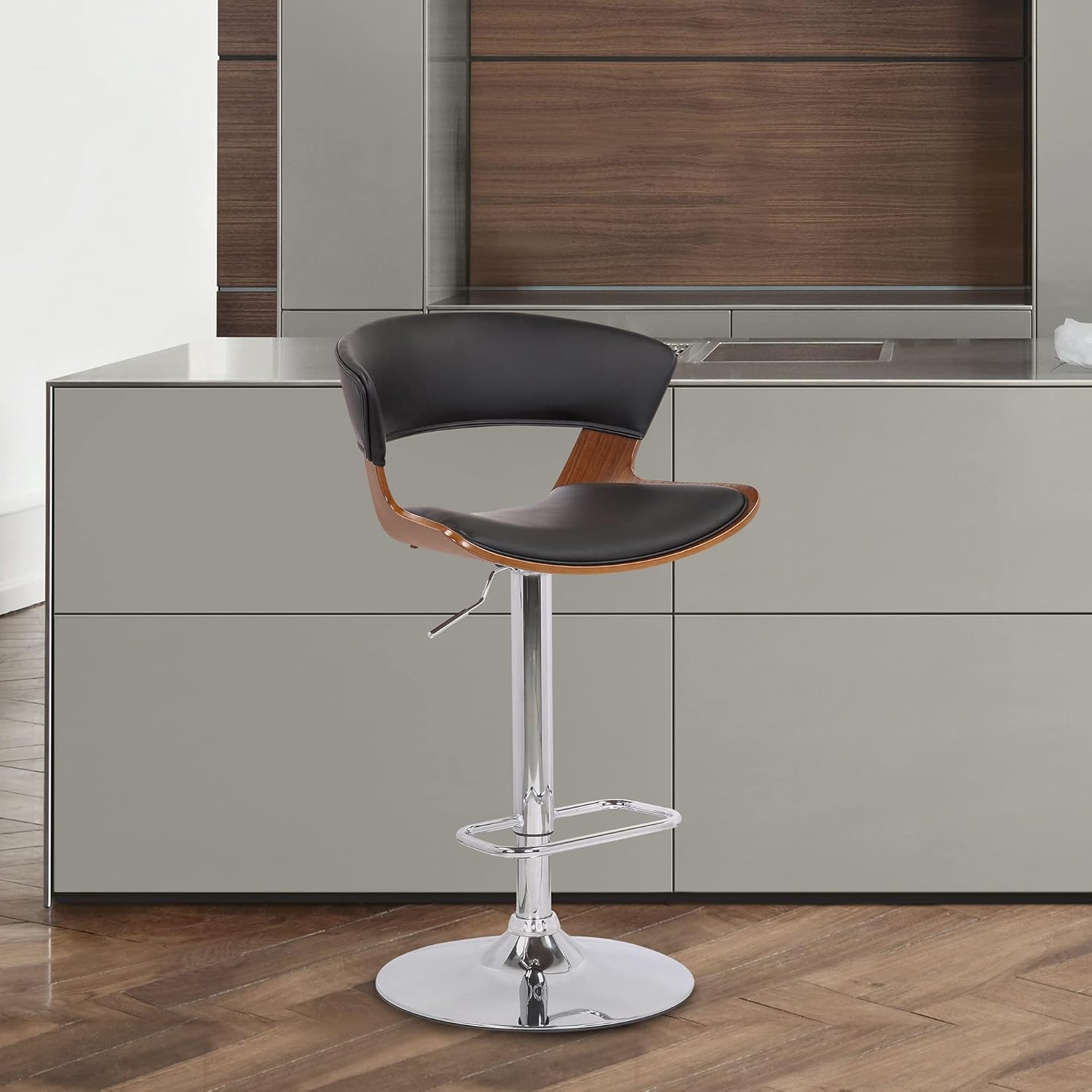 Armen Living Karine Adjustable Height Swivel Black Faux Leather and Walnut Wood Bar Stool with Chrome Base