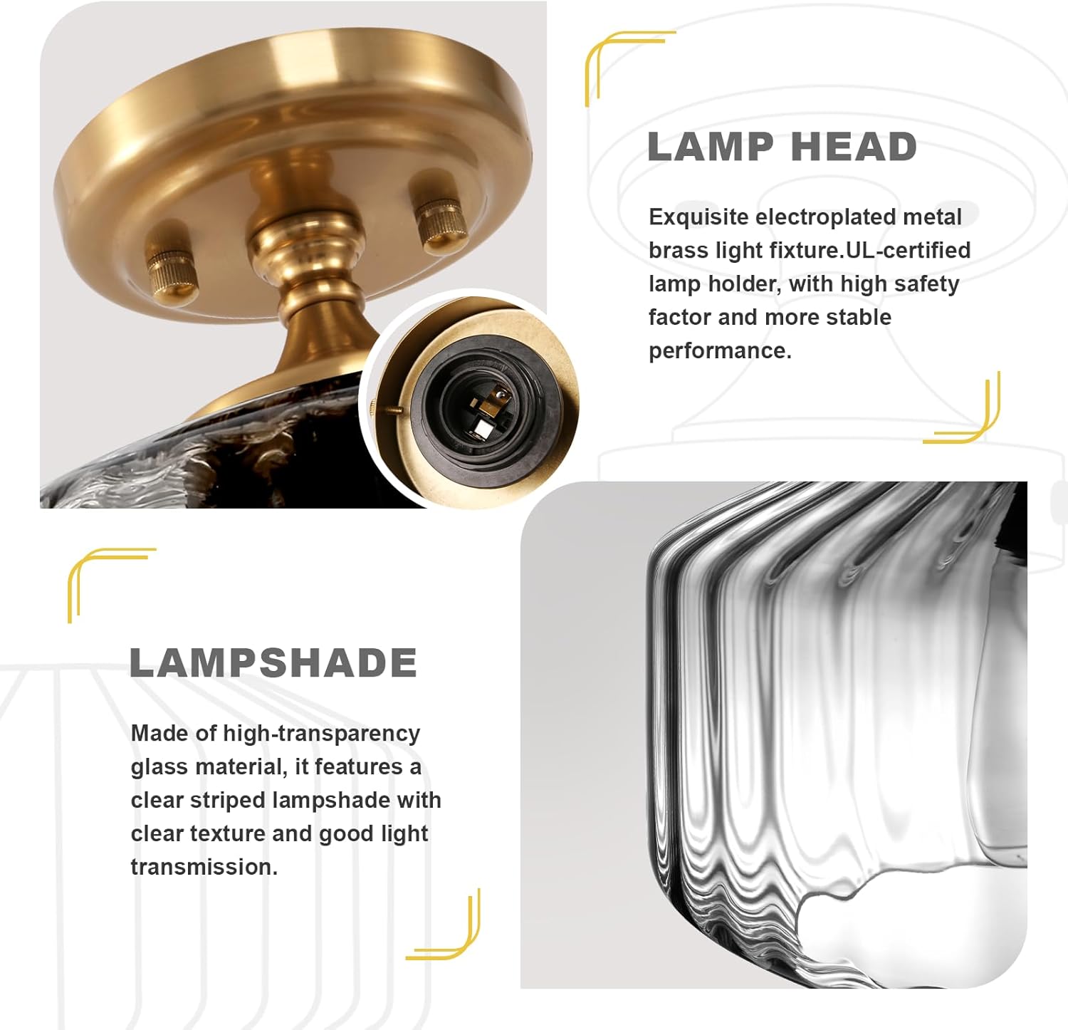 Semi Flush Mount Ceiling Light with 11.02" Clear Seeded Glass Shade, E26 Base Gold Mid Century Chandelier Farmhouse Light Fixture for Hallway Bathroom Entryway