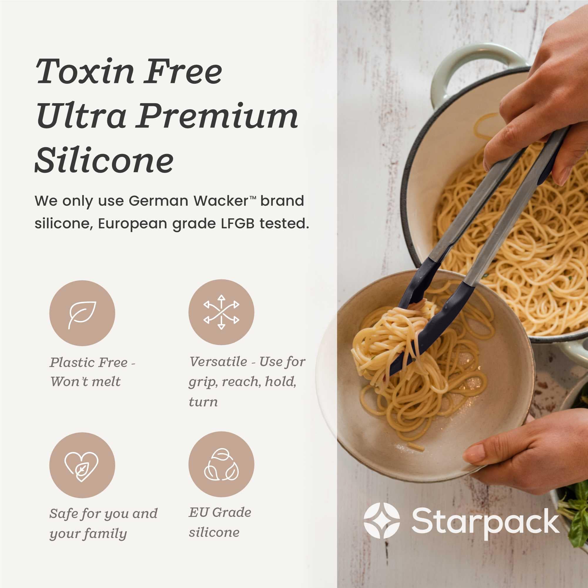 StarPack Juego de pinzas de cocina de silicona premium (22,8 cm y 30,5 cm, gris y negro), pinzas de acero inoxidable para cocinar con puntas de silicona, antiadherentes, pinzas de silicona resistentes