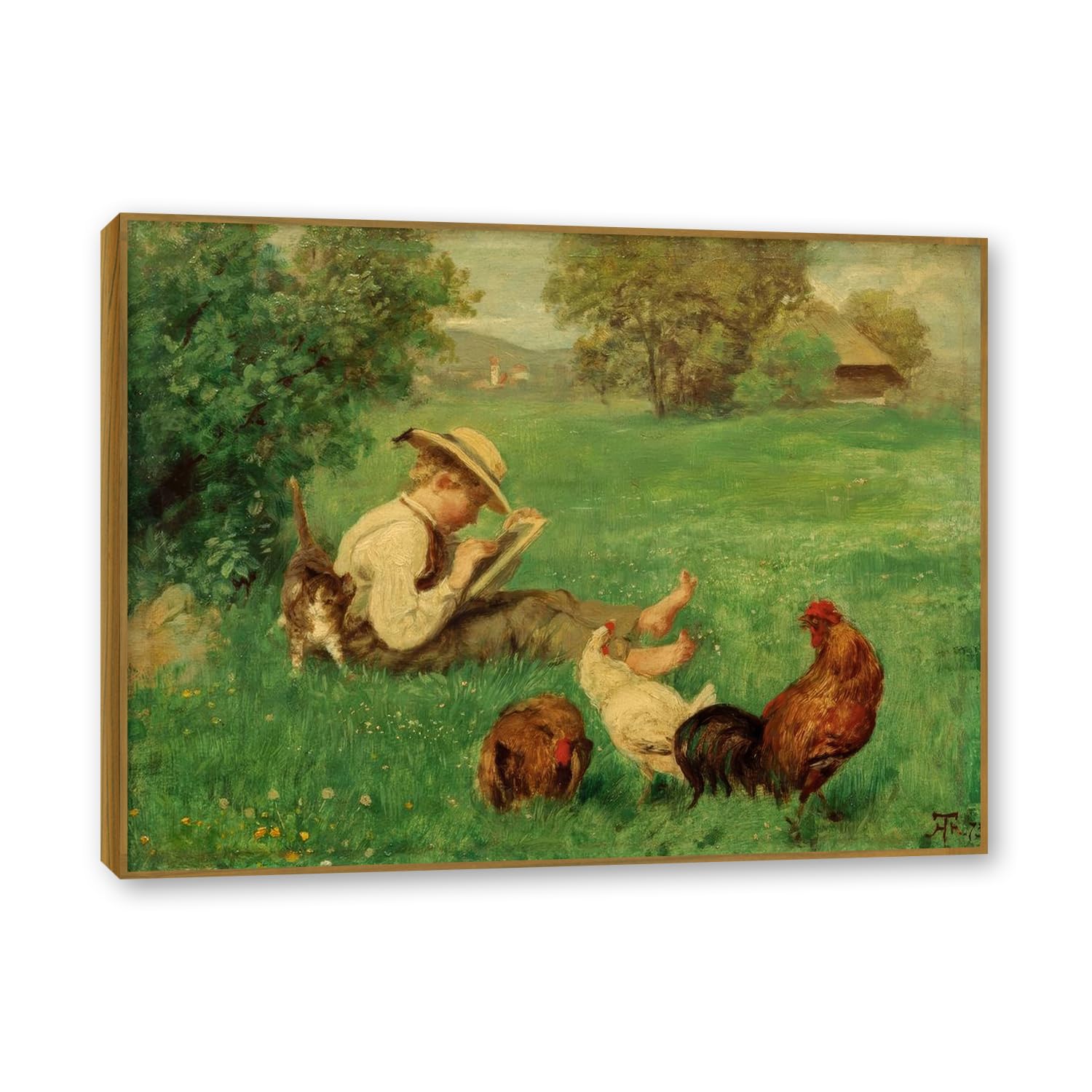 NHLDZYH Teak Frame. Hans Thoma Style Canvas Wall Art - (The Origins of Art), German Romantic Realism Painting with Symbolic Nature, Rustic Country Home Decor. 80x105cm-31.5x41.3in