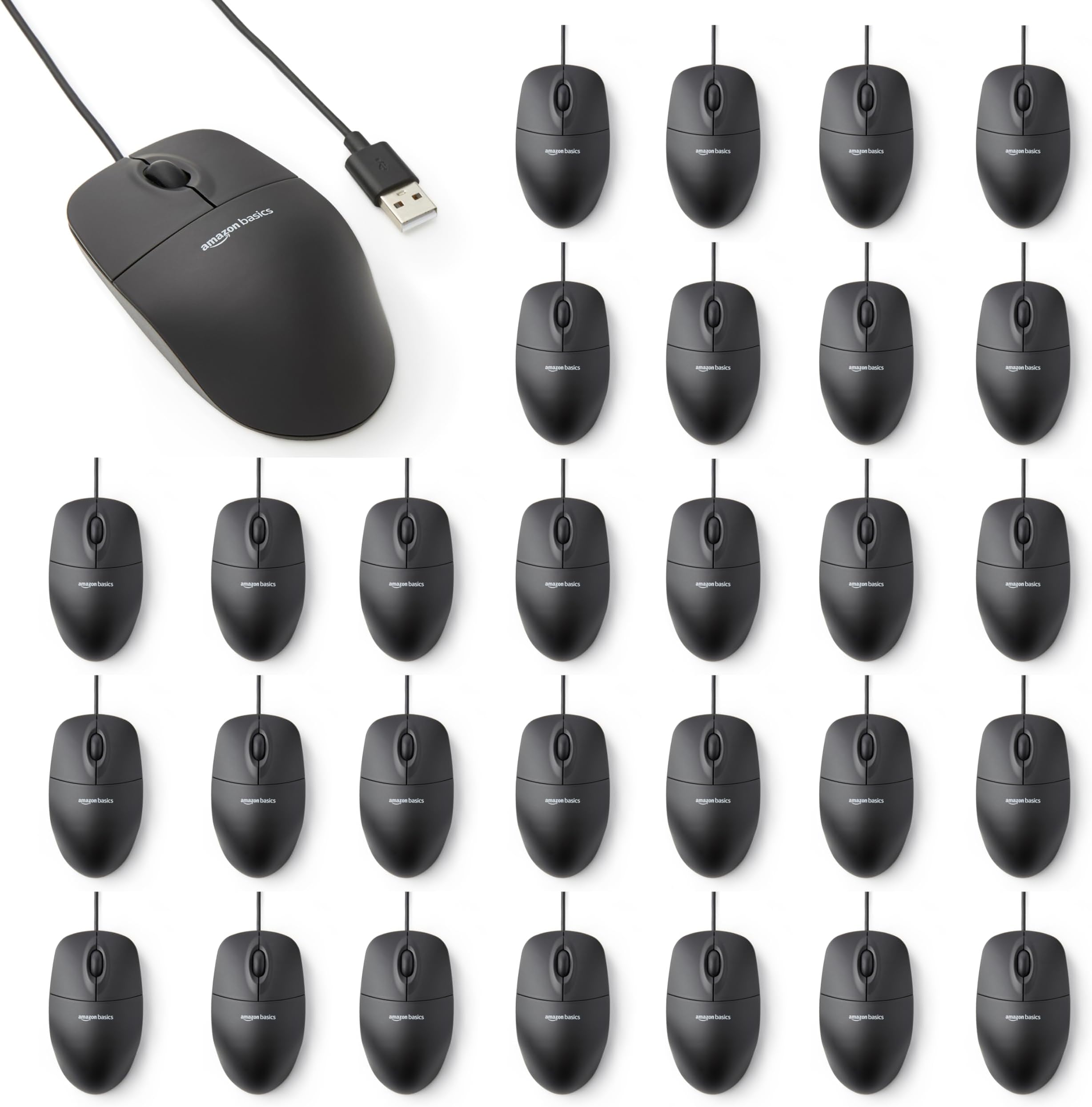 AmazonBasics 3-Button USB Wired Computer Mouse (Black), 30-Pack Bulk