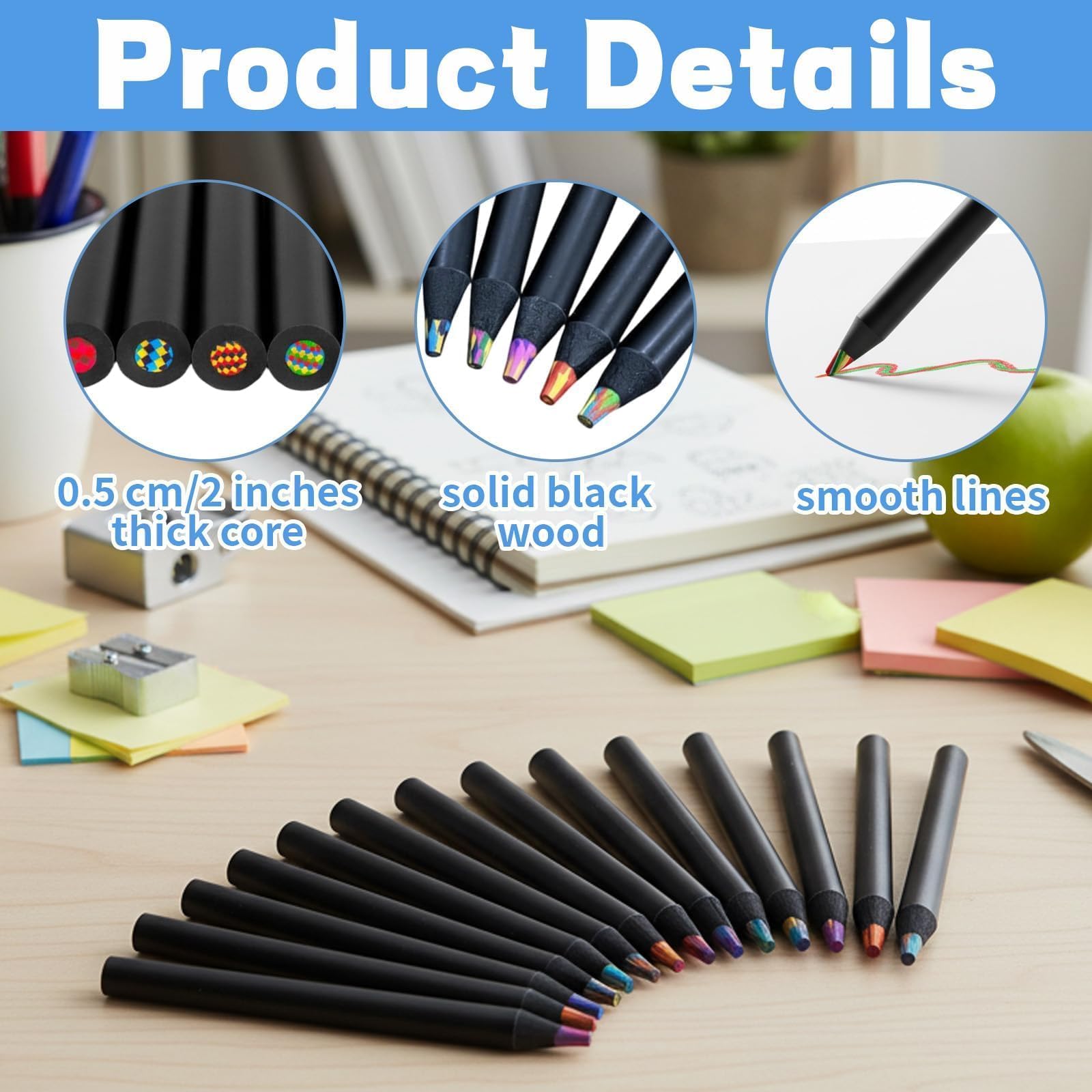 Easter Gifts for Kids Colouring Pencils for Kids 12 Pack Rainbow Wooden Pencils with Sharpener - Image 3