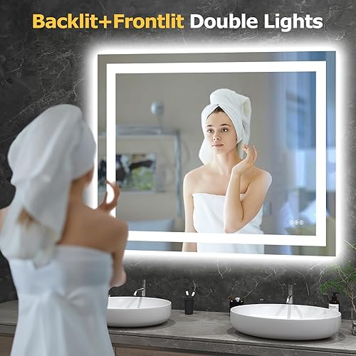 Miniatura 2 de Espejo de baño LED de 40 x 32 pulgadas con luces, antiniebla, regulable, retroiluminado + iluminado frontal, espejo inteligente de tocador de baño,
