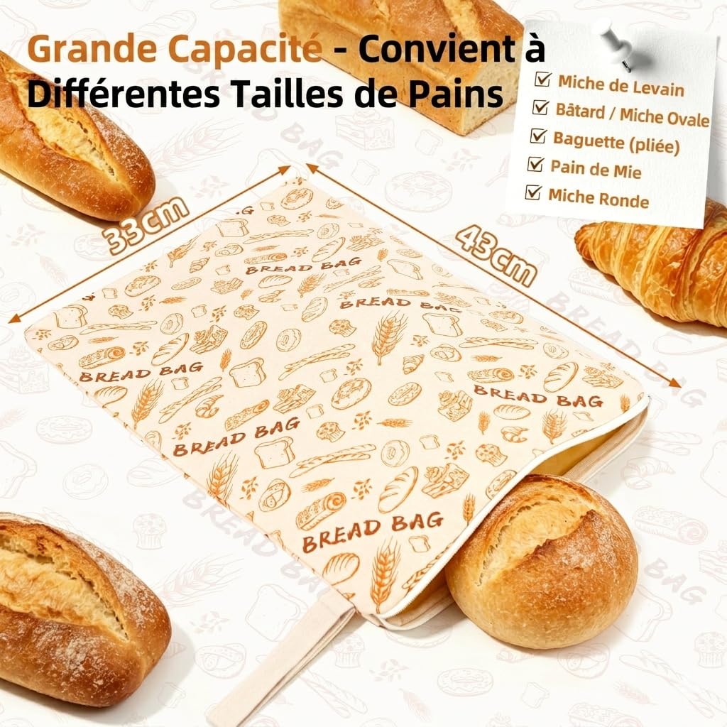 AHJ Sac à Pain en Cire d’Abeille avec Fermeture Éclair, Lot de 2 Sacs Réutilisables 43 x 33 cm, Conservation du Levain Maison, Baguette et Produits de Boulangerie