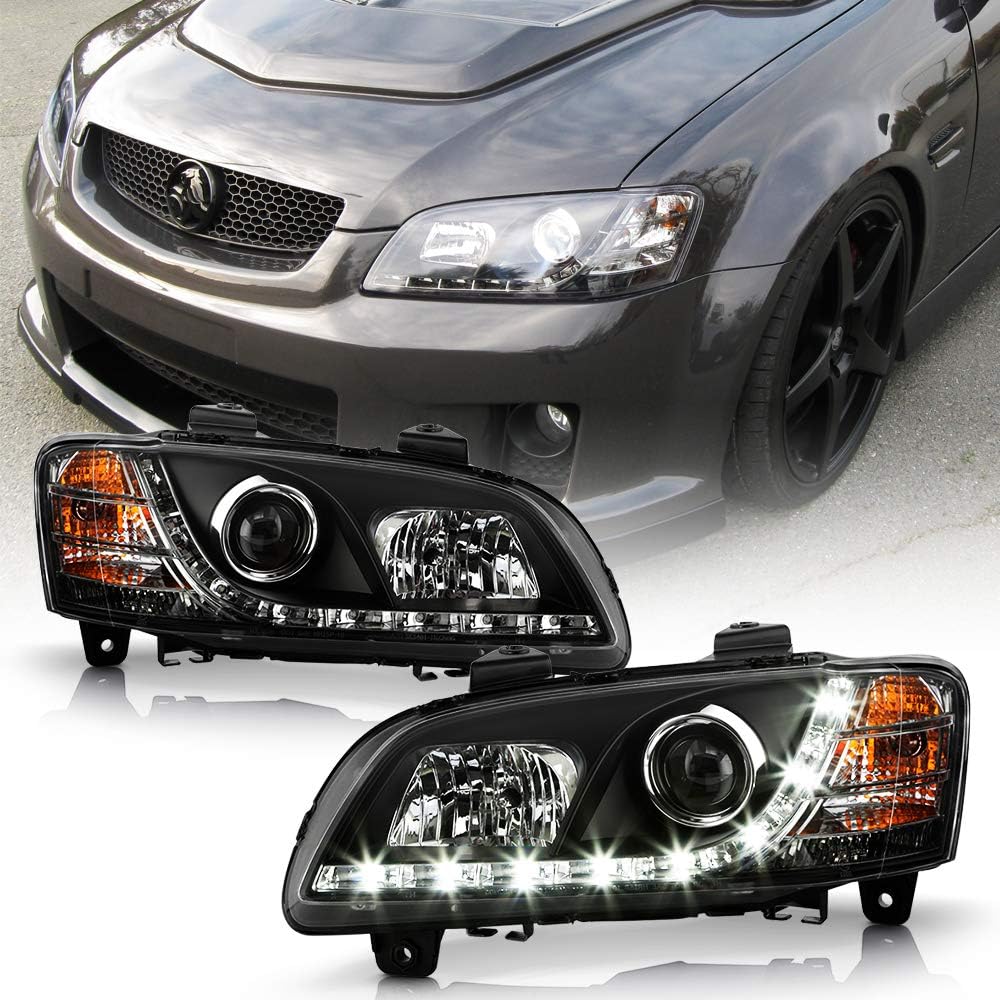 For 2008 2009 2010 Pontiac G8 LED DRL Black Housing Projector Headlights Headlamps, Driver & Passenger Side