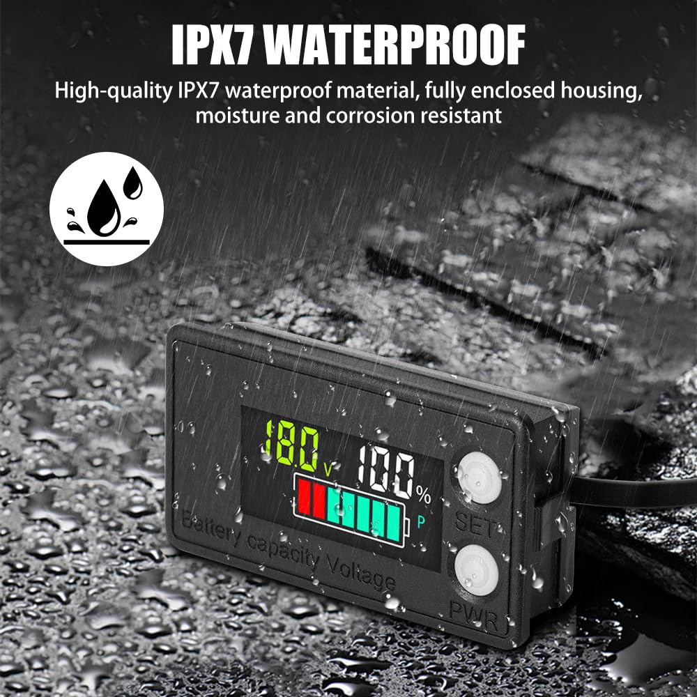 mizikuu Accubewaker met Houder, IPX7 Waterdichte Accu Monitor 12v 24V 36V 48V 60V 72V Voltage Display Accu Capaciteit Monitor met Temperatuur Sensor Alarm voor Camper Auto's Golf Carts Boot Motorfiets