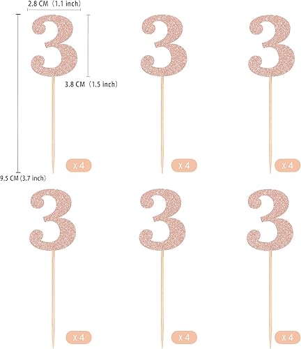 Miniatura 2 de Gexolenu 24 piezas negras de doble cara para cupcakes de tercer cumpleaños, decoración de palillos para pasteles de 3 años con purpurina, decoración