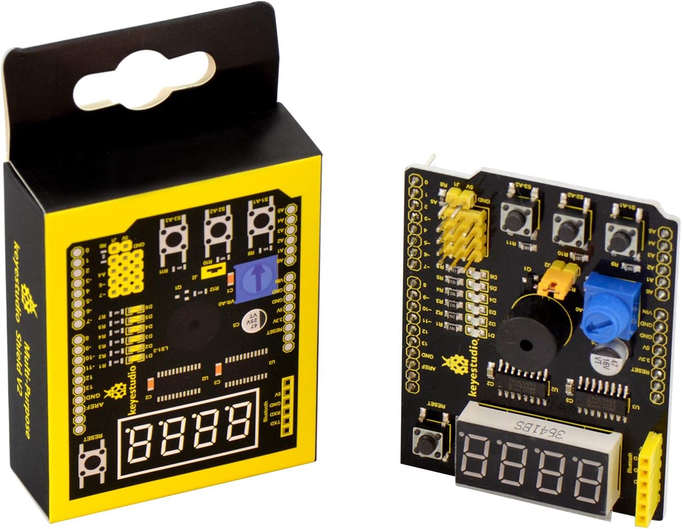 KEYESTUDIO Multi-Purpose Shield V2 with 4-Digit LED Display Module, Buttons and Buzzer for Arduinos Microcontroller for Mega, Electronic Programming Project