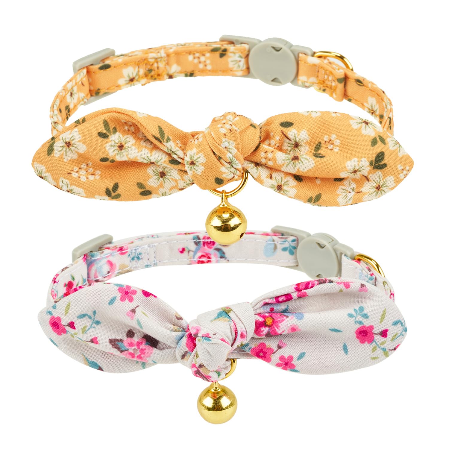 YUDOTE Bowtie Cat Collar with Bell, 2 Pack Cotton Breakaway Kitten Collars with Removeable Bow Girl Cat Collars, Floral Yellow & Beige