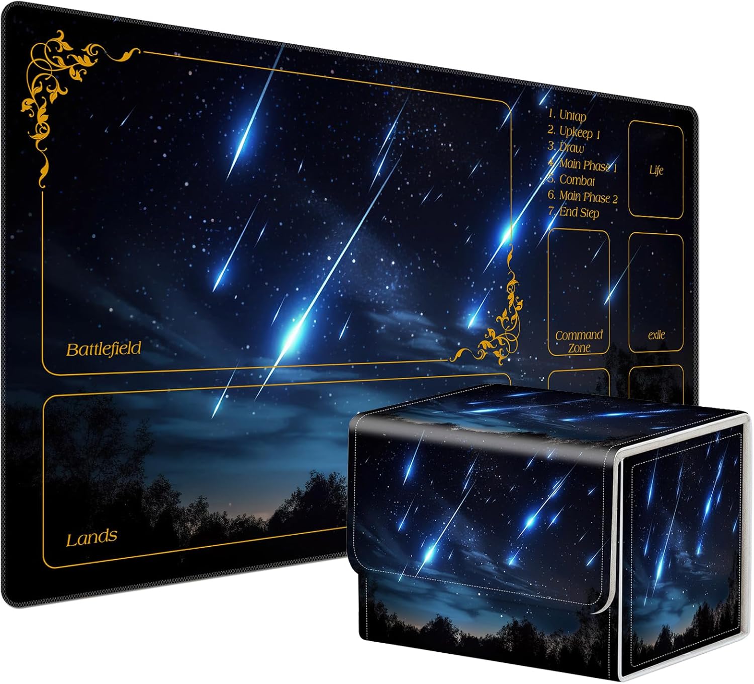 for MTG Playmat with Card Game Storage Box, Creative Pattern for MTG Card Box for TCG Playmat for Trading Card Game, Blue Sky Meteor Streaks