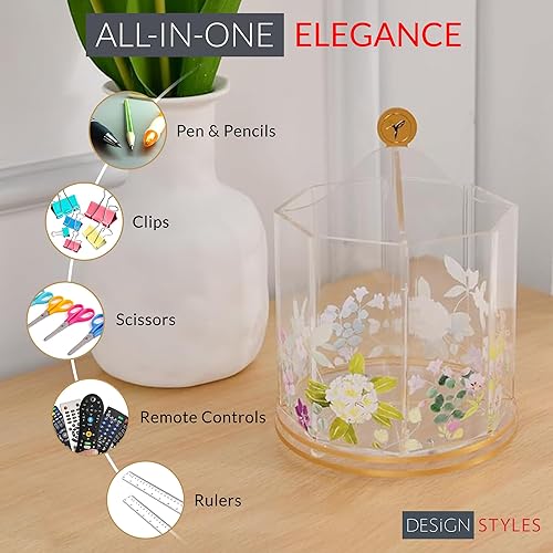 Miniatura 5 de Designstyles Papyrus - Soporte acrílico para bolígrafo para escritorio, organizador giratorio transparente con impresiones florales de doble cara,