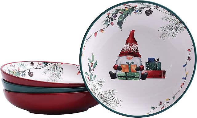 Bico Christmas Gnome Ceramic 1035ml Dinner Bowls, Set of 4, for Pasta, Salad, Cereal, Soup & Microwave & Dishwasher Safe