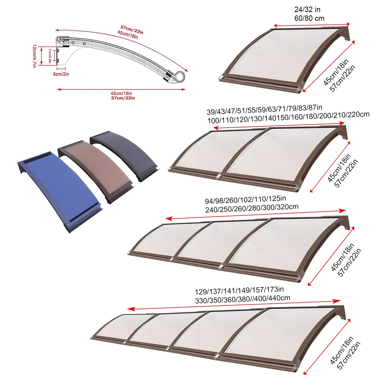 Markiza z poliwęglanu z aluminiowym uchwytem, przezroczysta, ochrona przed warunkami atmosferycznymi, osłona wejścia przedniego i osłona zewnętrzna, 56 x 380 cm