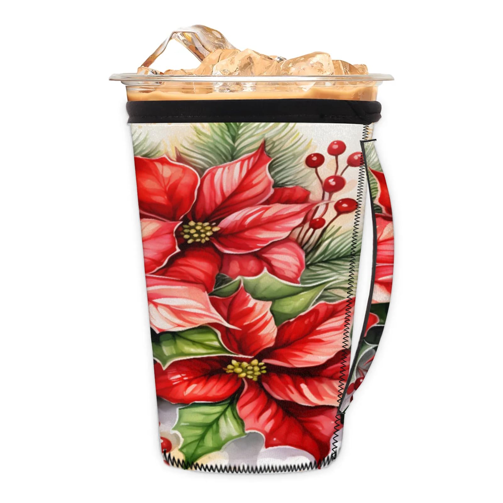 Christmas Flowers Fruits Reusable Neoprene Coffee Sleeve with Handle Insulated Iced Coffee Cup Holder Reduces Condensation Fits 24-28 oz Cups M