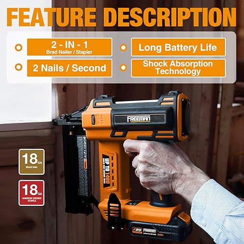 Miniatura 2 de Freeman PE20V2118G2 - Kit de clavadorgrapadora inalámbrica de 20 voltios 2 en 1 calibre 18 con batería de iones de litio, cargador, bolsa y