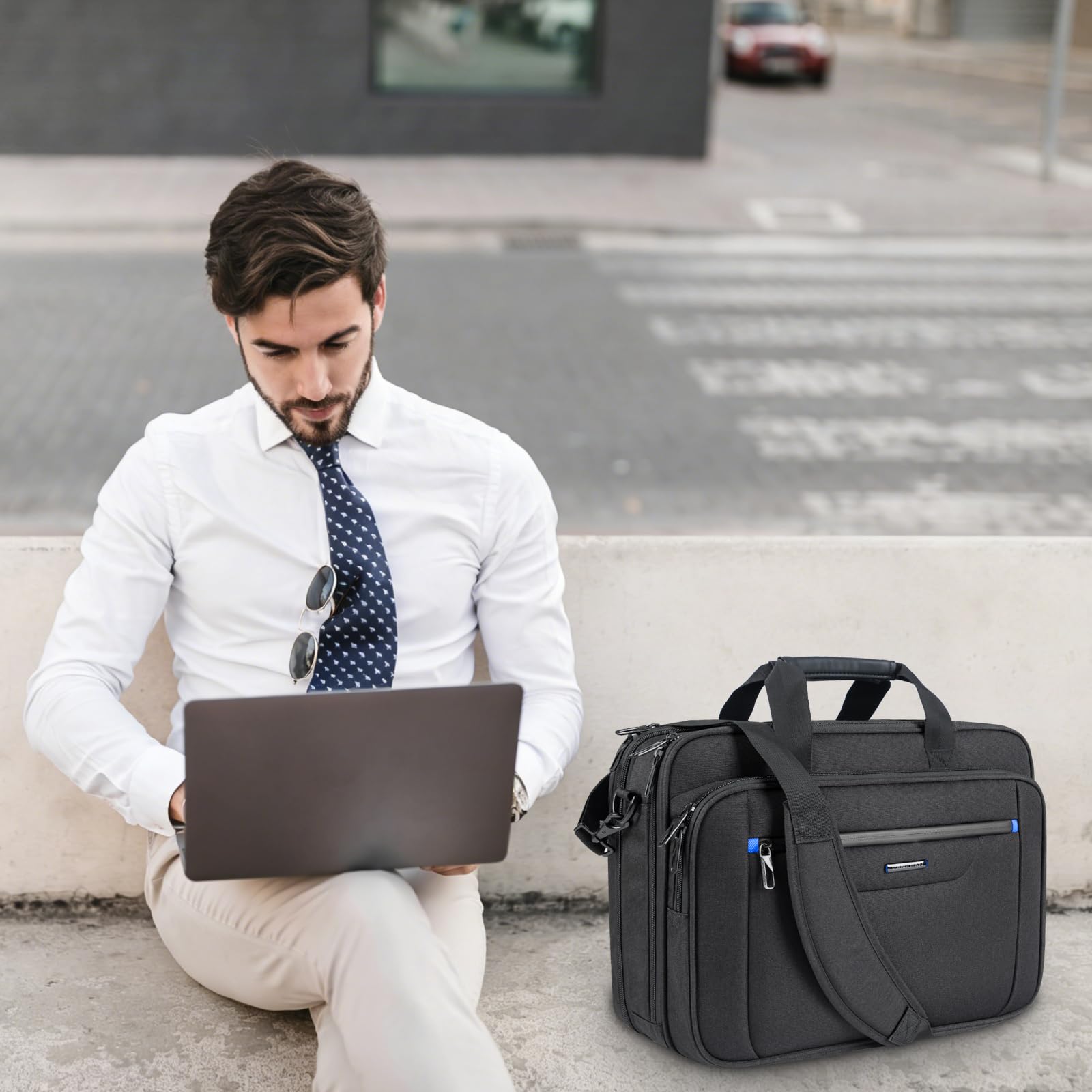 VANKEAN Borsa per laptop fino a 17,3 pollici, borsa a tracolla espandibile, impermeabile, per uomo/donna, borsa per computer per viaggio/affari/nero-blu