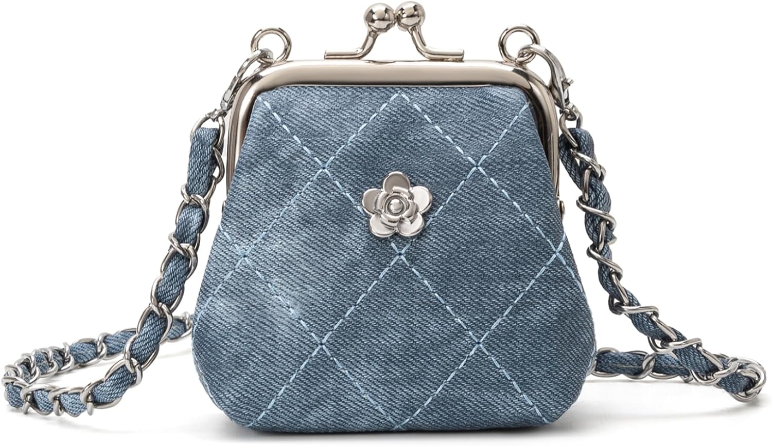 Quilted Kiss Lock Coin Purse with 2 Detachable Chains - Tiny Handbag, Wristlet, Shoulder Bag & Crossbody Bag for Women, Vintage Wallet, Mini Coin Pouch Small Change Purse (Denim Blue)