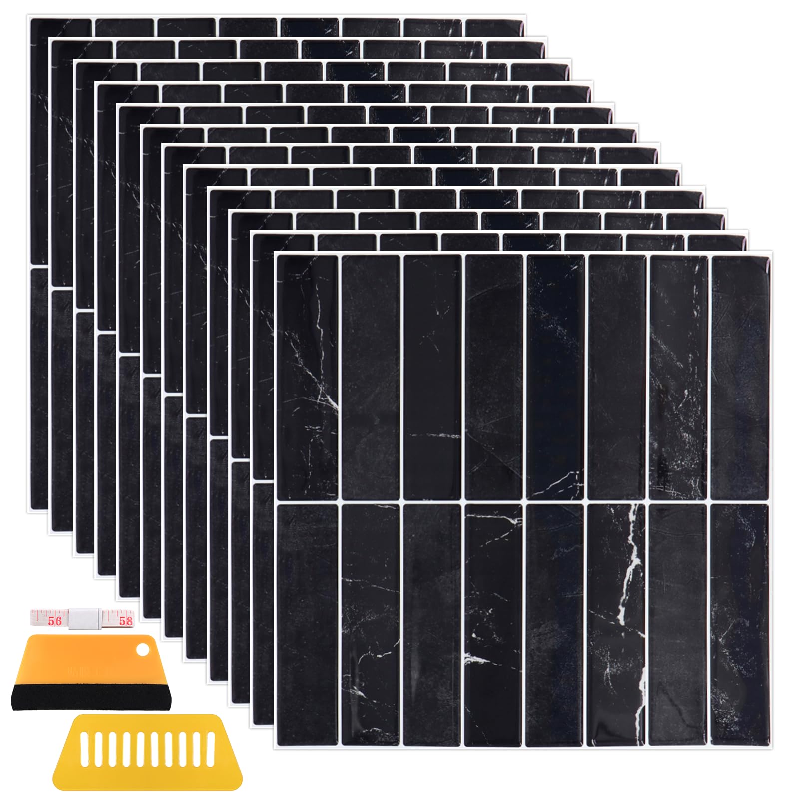 Yuaerbuo 12 Sheets 3D Self Adhesive Wall Tiles 30.5×30.5cm/12×12in, PU Waterproof Peel and Stick Wall Tiles Backsplash Tile Stickers for Bathroom Kitchen Living Room Decor or Renovation (Black)