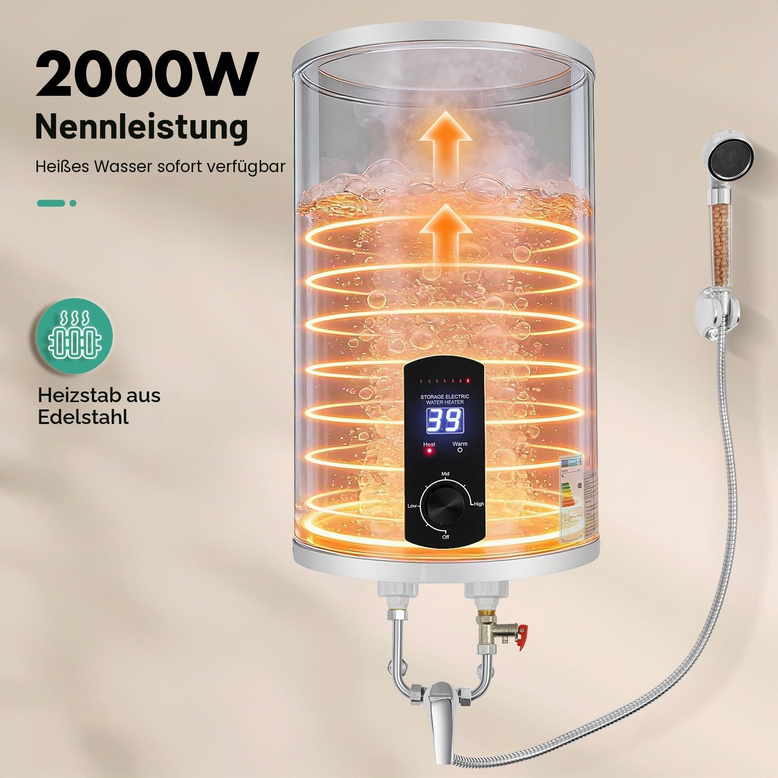 Elektro Warmwasserspeicher 30 Liter Elektrospeicher Warmwasserspeicher Boiler für Küche, Dusche, Badezimmer