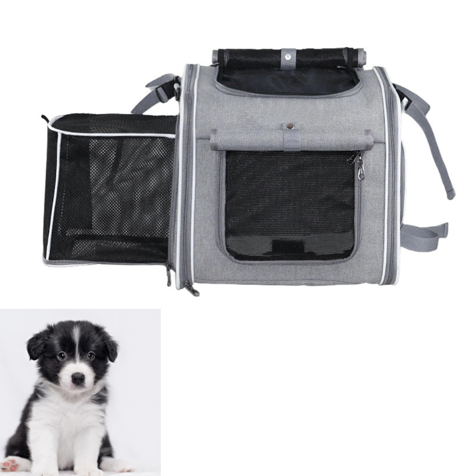 Luocute Panier de Vélo pour Chien, Sac à Dos de Transport Extensible à Côtés Souples avec Support de Guidon Dégagement Rapide et 4 Fenêtres en, pour Chiots de Petite et Moyenne (Grey)