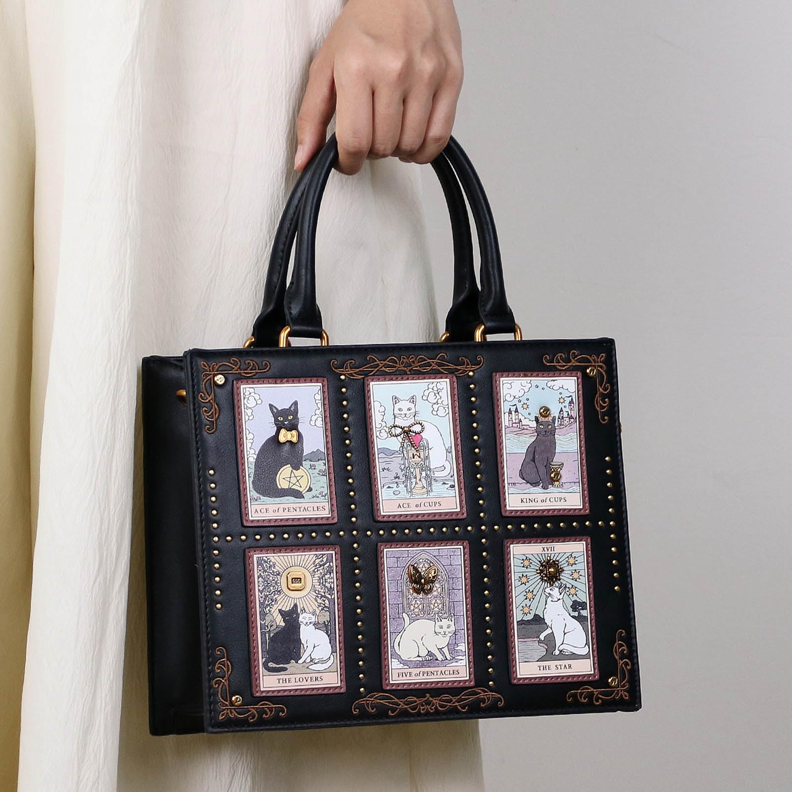 Borsa a mano con ricamo a forma di gatto, con tracolla regolabile e tasche multiple, in poliuretano, borsa a tracolla da donna, per uso quotidiano da donna, borsa a tracolla regolabile, ricamata