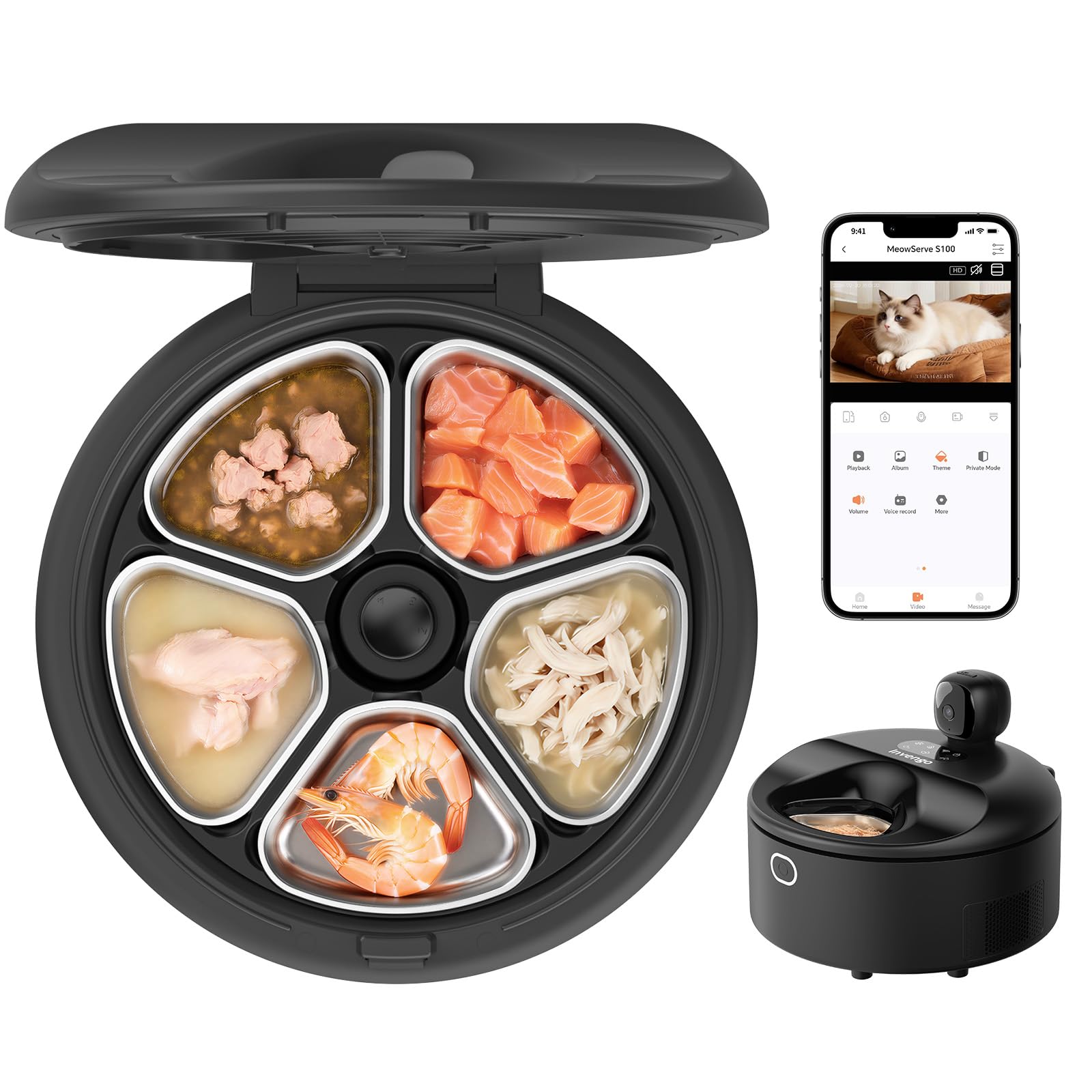 Invengo MeowServe S100 Automatic Wet Food Cat Feeder, black color, with its lid closed and camera visible.