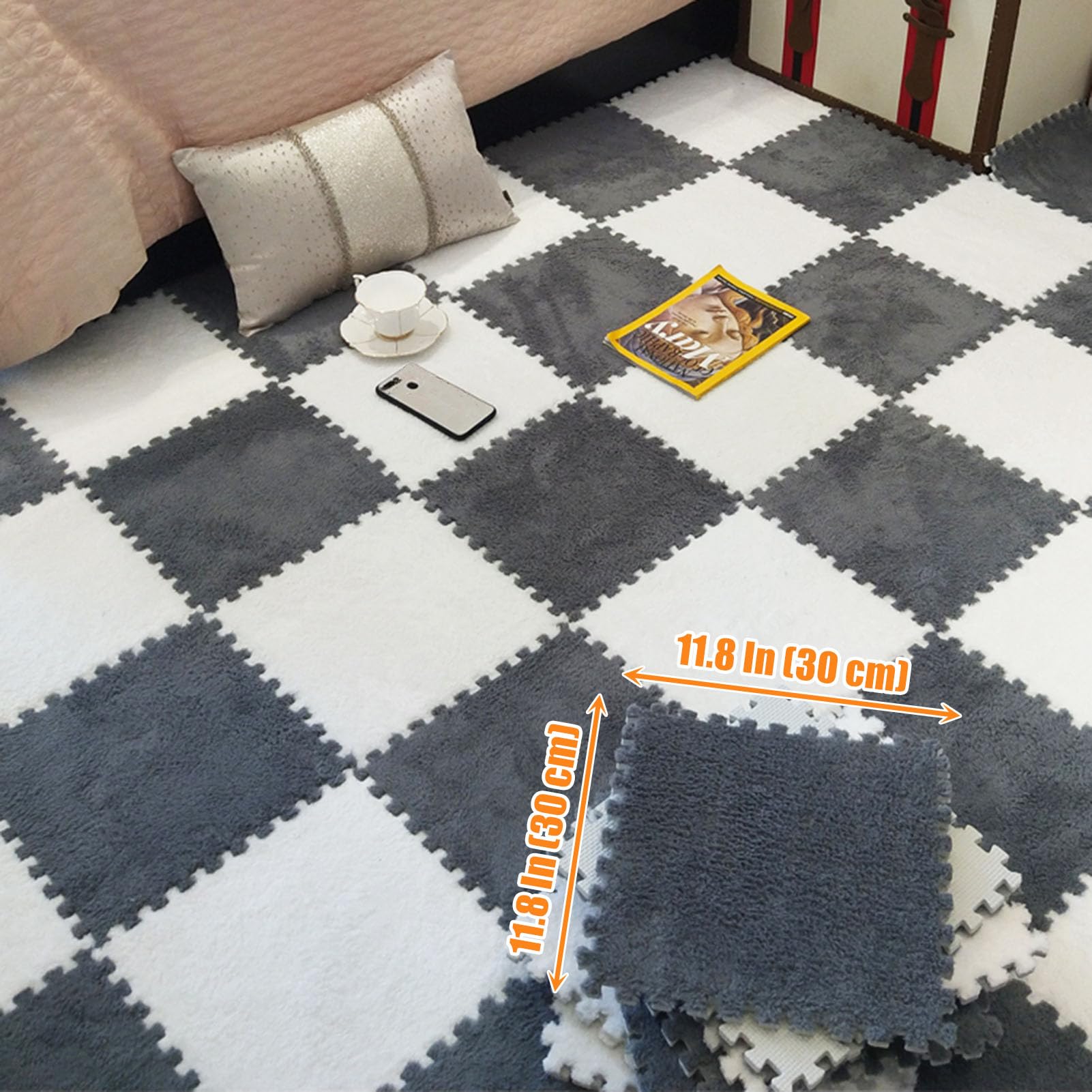 Dywan z puzzli – miękka, antypoślizgowa mata podłogowa z pianki, układanki, 60 szt., 12 cali, grubość 0,39 cala, różowo-szary, idealny do pokoju zabaw dla dzieci