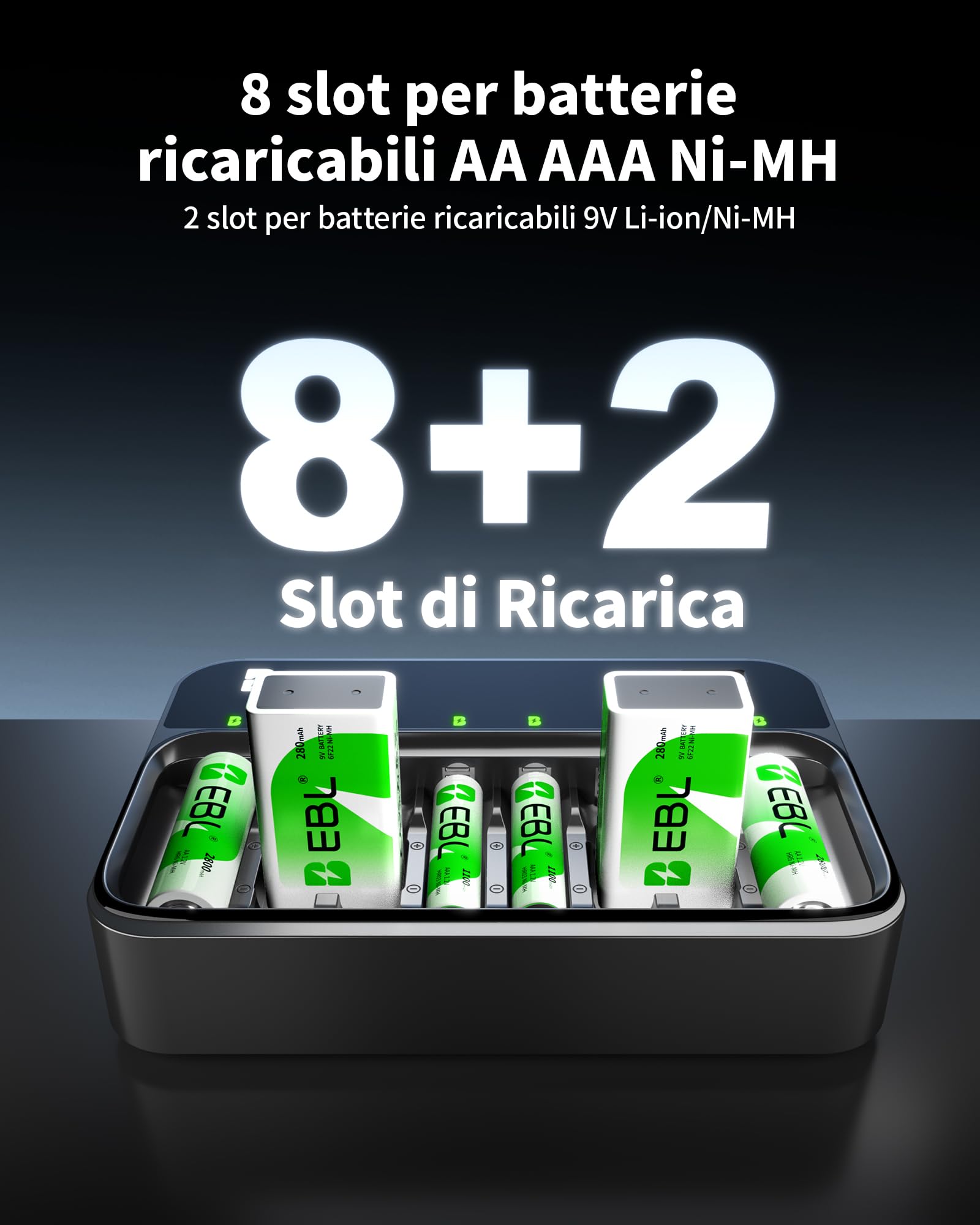 EBL Caricabatterie per batterie AA AAA 9V, 8 slot caricatore indipendenti, ingresso USB-C PD3.0 & Micro USB, caricatore rapido
